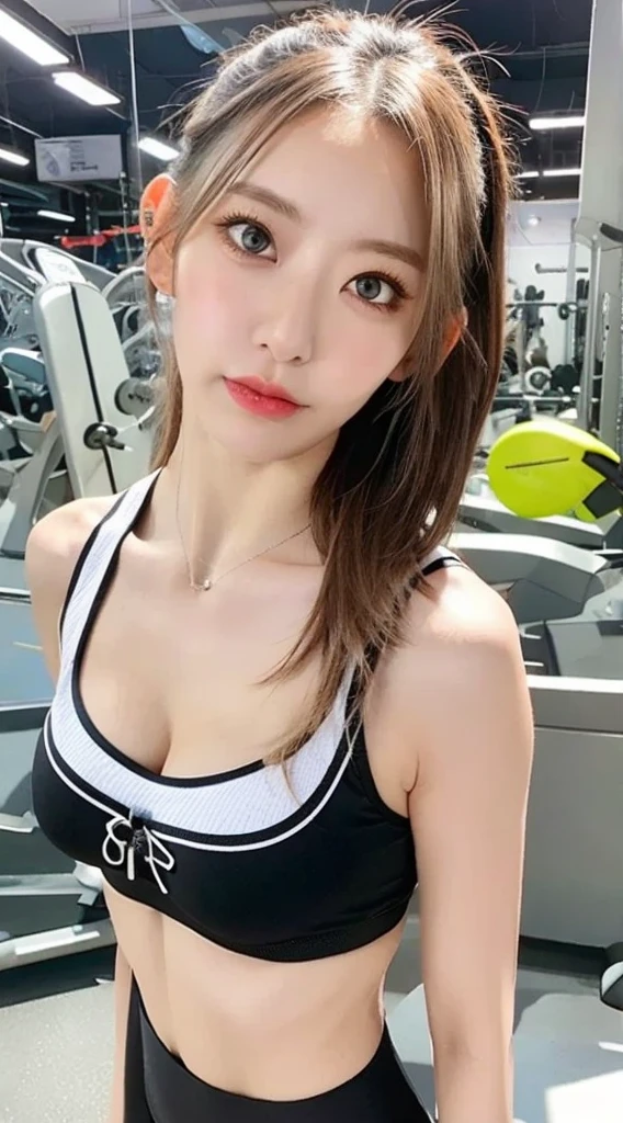 ((Best Quality, 8K, Masterpiece: 1.3)), 1girl, Slim Abs Beauty: 1.3, (long Hairstyle Casual, small Breasts: 1.2), training wear, Super Fine Face, Delicate Eyes, Double Eyelids, Smile, at gym