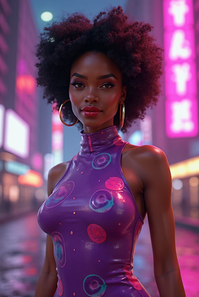 Photography, at night, Black woman, pink dress, medium breasts, full body, walking on the street, camera direction, smile on lips, super realistic, full of details, neon lights, HD, 8k