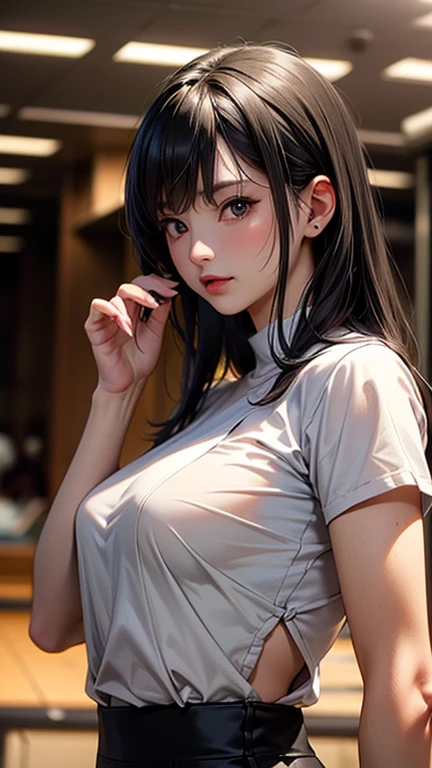 (((One girl:1.5, alone))), Photos of very cute and beautiful Japanese women, (Sexy Model), Professional attire, (22 years old: 1.1), Portrait of a cheerful smiling girl, Upper body image, When viewed from the front, The composition is symmetrical, (Looking straight at you, Are standing, Leaning forward:1.2, Sexy Model pose), break, (shiny fine hair: 1.2), (Bob Ponytail:1.3), dark red eyes, Beautiful Eyes, Princess Eyes, ((Black Hair:1.3)), A single hair, bangs, Hair between the eyes, Long Hair, curve, Abdominal muscles, perfect Abdominal muscles, (Huge breasts;1.37, Large Breasts:1.37, Large Breastsの谷間:1.37), (Narrow waist: 1.15), (Detailed beautiful girl: 1.4), Part your lips, Red lips, (Shiny skin), ((Perfect female body)), (Upper body image:1.3), Encircling the head, Perfect Anatomy, Perfect proportions, 8.5 Life-size, Face Focus, break, (Bare shoulders, Chest tightness, Show Viewer, (White T-shirt and high-leg bloomers:1.4), break, (Japanese izakaya detailed background:1.2), (Studio Lighting: 1.3), (Cinematic lighting: 1.3), (Backlight: 1.3), Dim lighting, Full body lighting, break, (Realistic, Realistic: 1.37), (masterpiece, Highest quality: 1.2), (Ultra-high resolution: 1.2), (RAW Photos: 1.2), (Sharp focus: 1.3), (Face Focus: 1.2), (Ultra High Definition CG Integrated 8K Wallpaper: 1.2), (Beautiful Skin: 1.2), (Pale skin: 1.3), (Hyper Sharp focus: 1.5), (Ultra Sharp focus: 1.5), ( Beautiful pretty face: 1.3), (Highly detailed background, Detailed Background: 1.3), Ultra Realistic Photo, Ultra-sharp images, Hyper-detail image、hair band