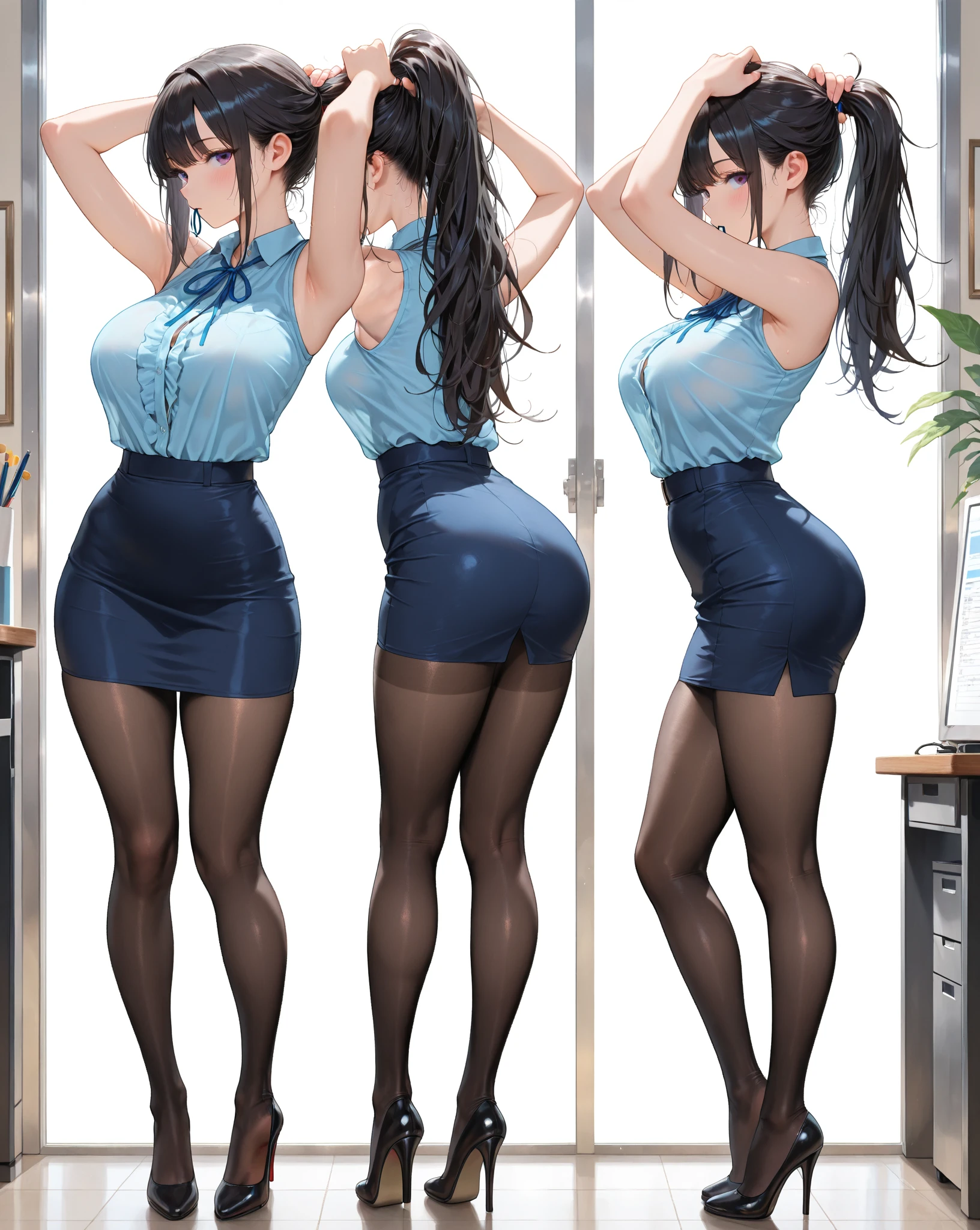 ((二人のIn underwearの女性がセクシーにOffice corridorを歩いているBack view:1.4), Beautiful Anime Women, Beautiful art style, Anime characters, ((Smooth texture, Realistic texture, Anime CG Style)), ((Highest quality)), (Very detailed), (Very detailed CG 統合 8k 壁紙), Very detailed, High-resolution RAW color photos, Professional photography, Brown Hair, Stylish hairstyle, Slender body, (Stunningly beautiful woman), (Office corridor, Many business people walking down the corridor, There is a window in the hallway:1.3), ((Black high heels), (Sexy and cute blue underwear:1.3), (Stylish shiny blue satin panties, Side-tie panties, Panties with lace trim:1.3), (Thin panties:1.3), (Blue micro lace satin bra, Blue bra with lace trim, Thin bra:1.3), (lace garter belt, Garter Strings, Black knee socks:1.3):1.3), naked, In underwear, In underwearのオフィスレディ, Exact number of arms, Exact number of legs, Perfect Anatomy, (Embarrassed expression, Surprised expression), Angle from the rear, Exact finger count、Exact number of legs、(Exact number of arms:1.0, Exact number of hands:1.0), (Perfect hands, Perfect Anatomy), (Back view:1.4)