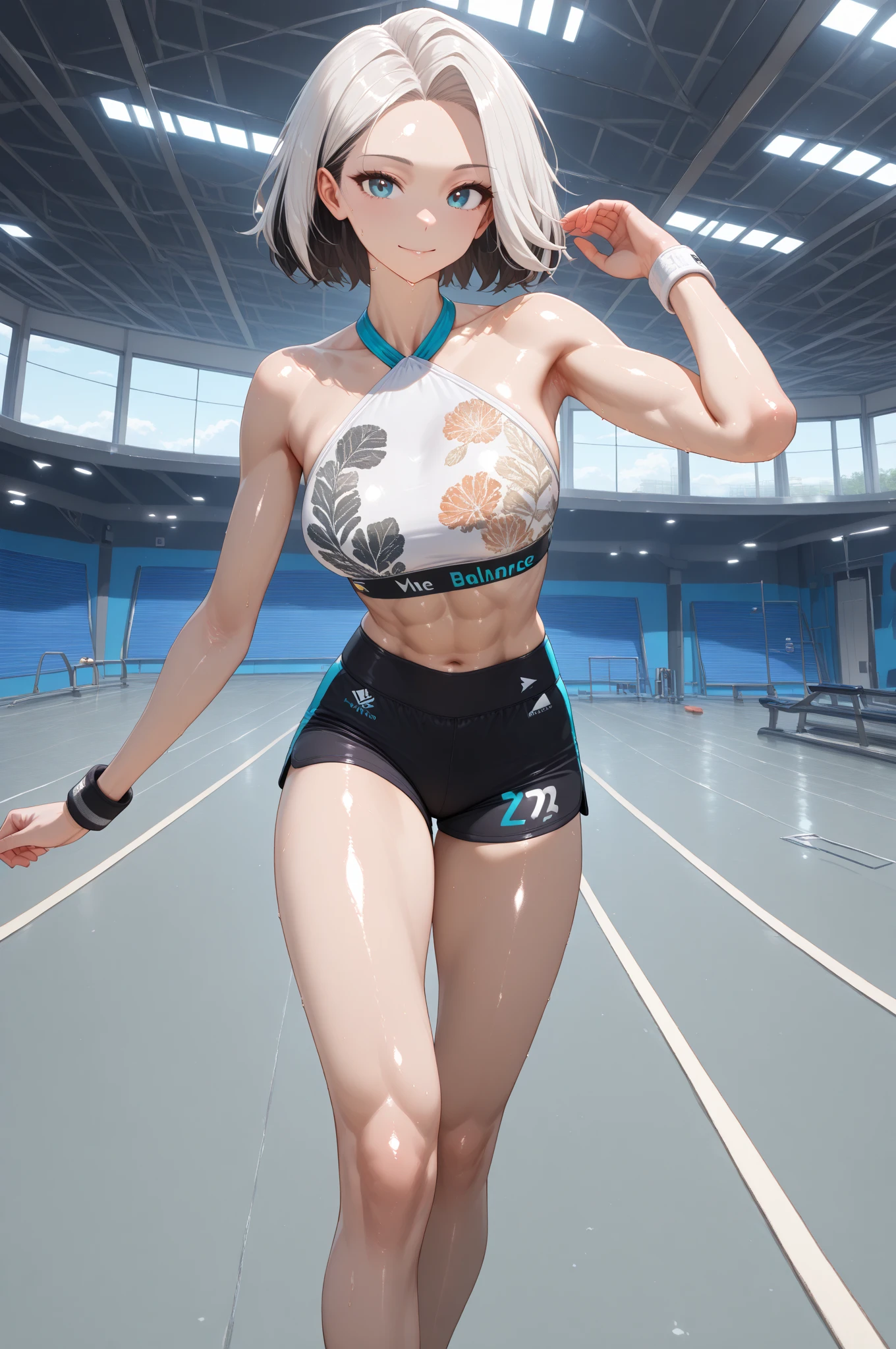 （（（highest quality、first-clasasterpiece、Normal body、8k、Detailed face、Ultra-precision、Normal hand、Normal finger、５Finger、）））Brightly colored hair、Rainbow black silver hair、Sports Bra、hot pants、Long Jump、flowing、Hop Step Jump
