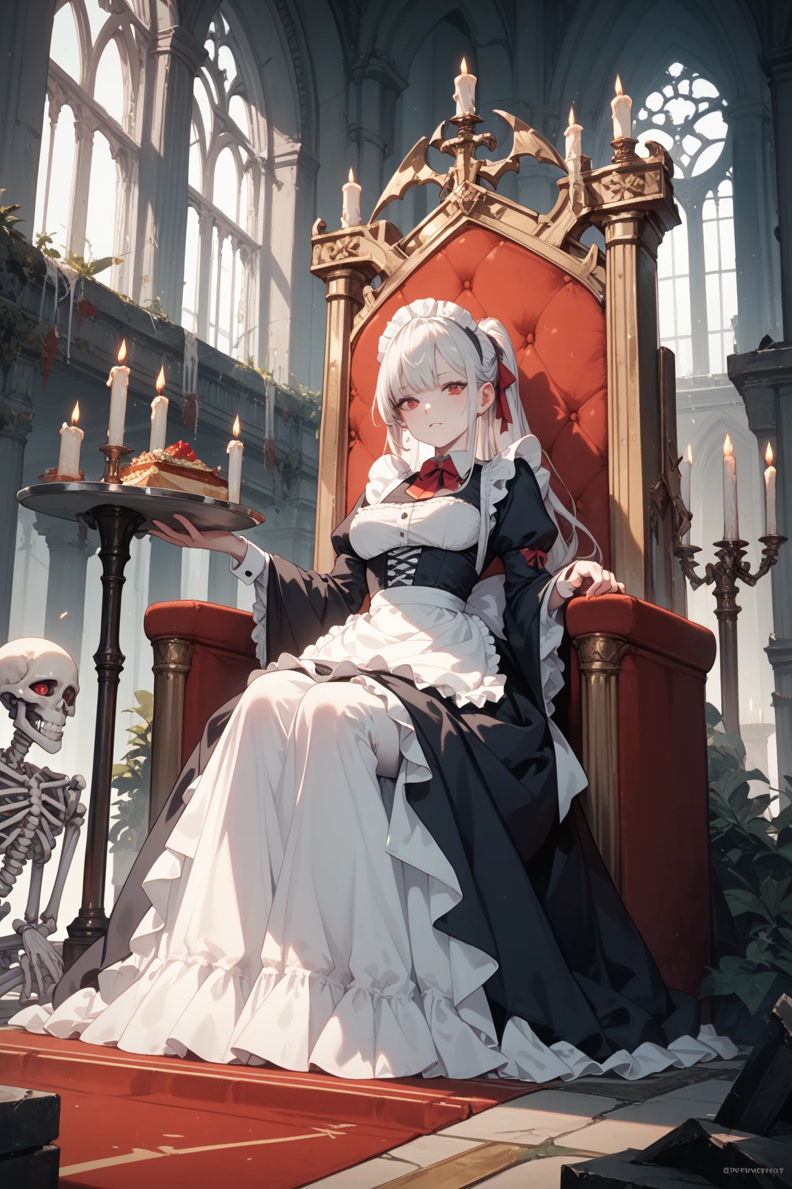 female skeleton, wearing a female butler stick, with her hand on the stick in a bowing pose, in a large room with dark and gray decorations