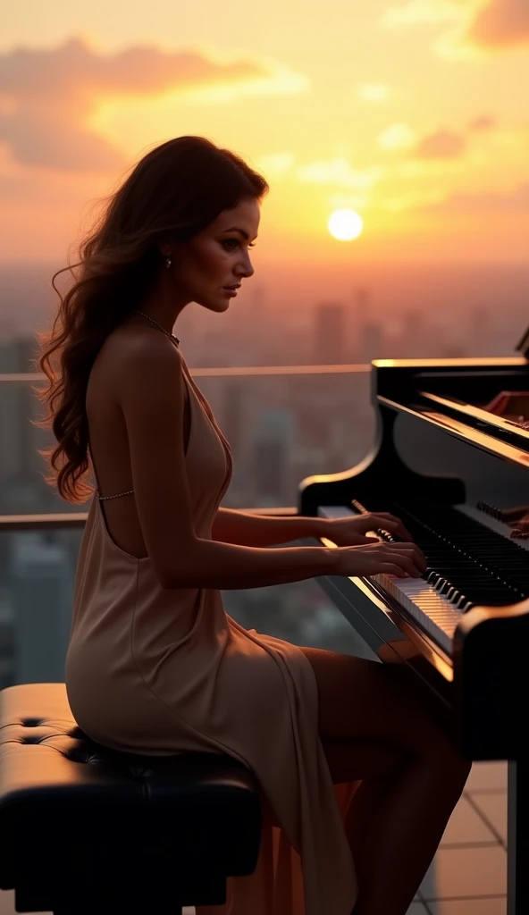 [Core Concept] A young woman playing piano in the middle of an urban street.

[Character Description] A beautiful, youthful woman with delicate features and graceful movements, her fingers dancing across the piano keys with elegant poise and concentration.

[Environment/Background] The scene takes place on a bustling urban street, surrounded by towering buildings, neon signs, and the hustle and bustle of city life. Pedestrians and vehicles weave through the background, creating a dynamic and vibrant atmosphere.

[Style and Atmosphere] The image has a dreamlike, almost surreal quality, with a soft, romantic lighting that bathes the woman and her piano in a warm, ethereal glow, contrasting with the gritty, modern urban setting.

[Composition] The woman and her piano are positioned at the center of the frame, commanding attention and creating a striking focal point. The surrounding cityscape frames and complements the central figure, drawing the viewer's eye towards the mesmerizing performance.

[Details and Embellishments] The woman's expression is one of deep focus and passion, her eyes closed as she loses herself in the music. The piano itself is a sleek, grand instrument, its glossy black surface reflecting the lights of the city.

[Technical Specifications] The image is rendered in a photorealistic style, with a high level of detail and attention to lighting, texture, and perspective, creating a sense of immersion and realism.