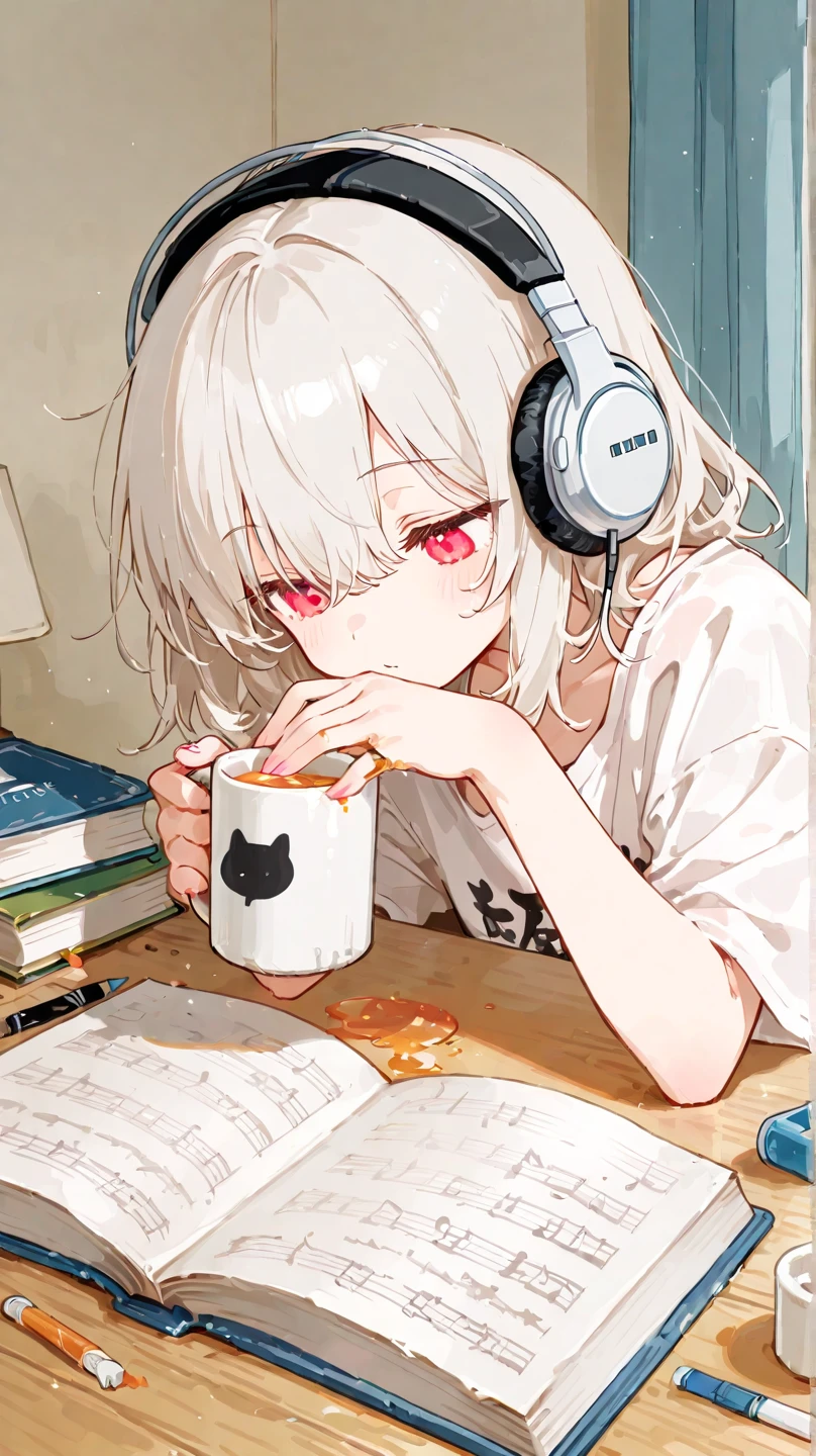 ((best quality)), ((masterpiece)), (detailed), perfect face, masterpiece, best quality, anime, Sora, ((Boy)), cute, Turtleneck with white stripes, Hoodie off-shoulder,. Sideview, ((Red and Grey eyelack Wolf tail and ears)), ((Really fluffy tail)) Cute expression, Black and white Sport-Shorts with Thigh Highs, tongue sticking out, sitting on a chair with legs crossed