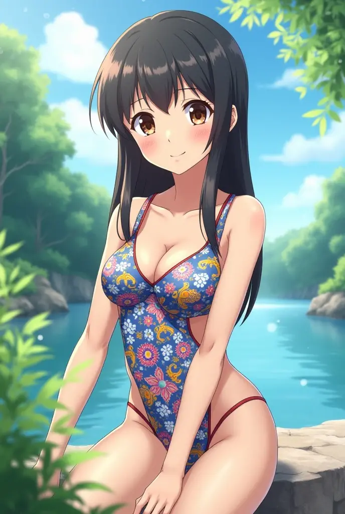 1girl, swimsuit, breasts, solo, bikini, yellow bikini, flower, long hair, lying, wet, looking at viewer, paper fan, shirt, on back, hand fan, side-tie bikini bottom, large breasts, blush, see-through, shoulder cutout, uchiwa, wet clothes, bikini under clothes, clothing cutout, red flower, black hair, parted lips, hibiscus, holding, brown eyes, yellow eyes, holding fan, short sleeves, bangs, water, navel, collarbone, wet shirt, covered navel, shiny, orange bikini, half-closed eyes, parted bangs, from above, yellow shirt, groin, cleavage, shiny skin, arm under breasts <lora:SilvermoonMix03_2:1>