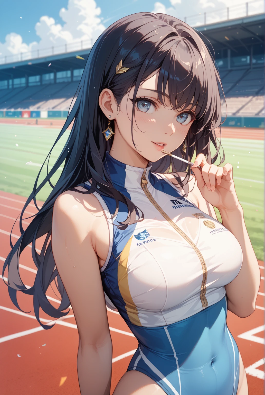 ((masterpiece, Highest quality, High resolution, 超High resolution, Pixel perfect, Written boundary depth, 4K, RTTX 10.0, High resolution))), 1 person, single, alone, Beautiful Anime, Beautiful art style, Anime characters, ((Shortcuts, bangs, Dark brown hair)), ((Green Eyes:1.4, Round eyes, Beautiful eyelashes, current eyes)), ((Smooth texture:0.75, Anime CG style)), ((Dynamic Angle, close)), Perfect body, (cute), Normal chest, whole body, ((4K, 8k, Highest quality, Perfect Fingers: 1.3, Perfect Anatomy: 1.3, Background Blur)), whole bodyアングル, Grid girl illustration, Characters are dressed as grid girls, The costume is a shiny blue and white costume.、The top is short, Blue and white pattern on the sleeves、Bottoms are tight shorts, On her feet she wears silver high-heeled boots., Have a cheerful and confident smile, In the background, the circuit pits and racing cars are lined up.
