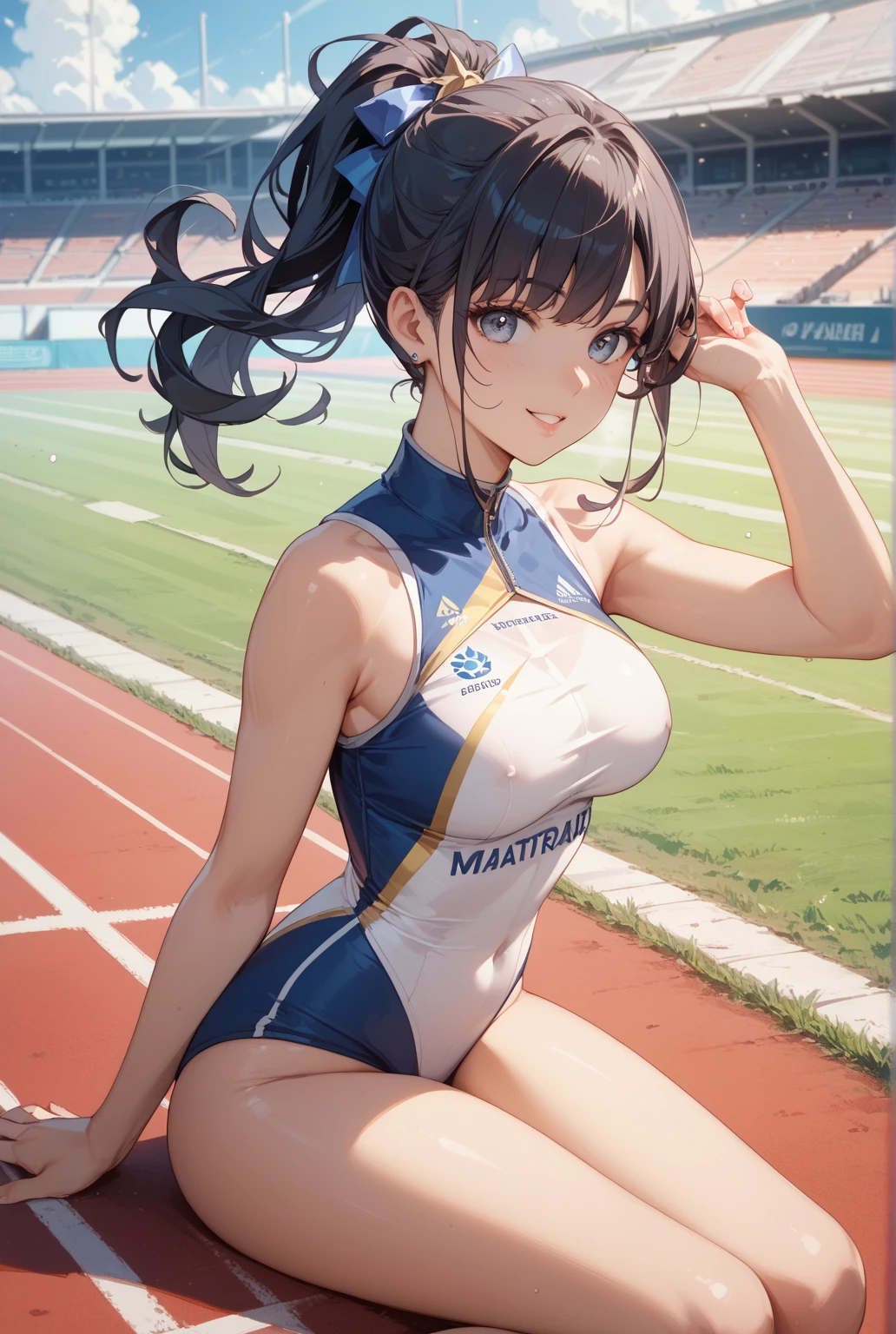 masterpiece,super detailed realistic illustration,1beautiful girl,track and field uniform,small delicate head,big eyes,large breasts,slim body,nice legs,wet skins sweat,track and field,dramatic light,