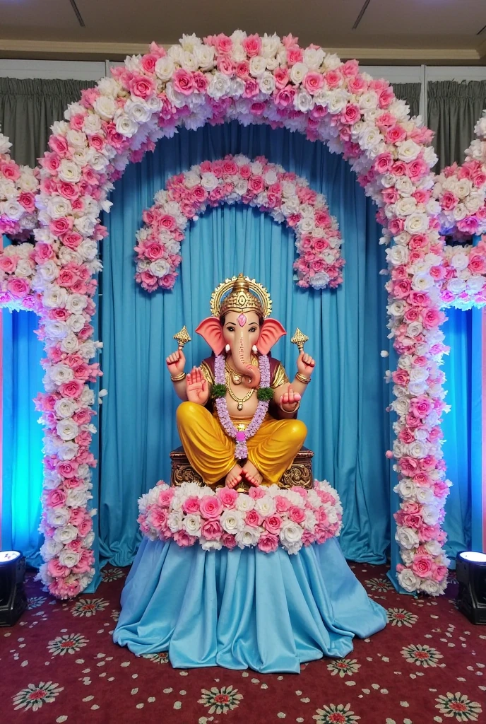 Ganpati decoration ideas with background of red flower and green leaves and add two peacock at front