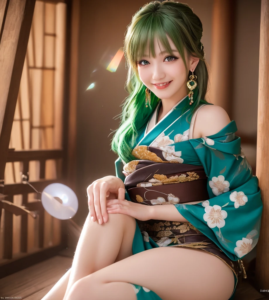 monet, Wanostyle, 1girl, green hair, green jacket, blue eyes, breasts, neckline, collarbone, hair ribbon, jacket, shoulder jacket, Japanese clothes, kimono, large breasts, lips, long hair, looking at the viewer, obi, lips half-open, printed jacket, printed kimono, solo, thighs, indoors, white kimono, ((masterpiece)), tidy mouth