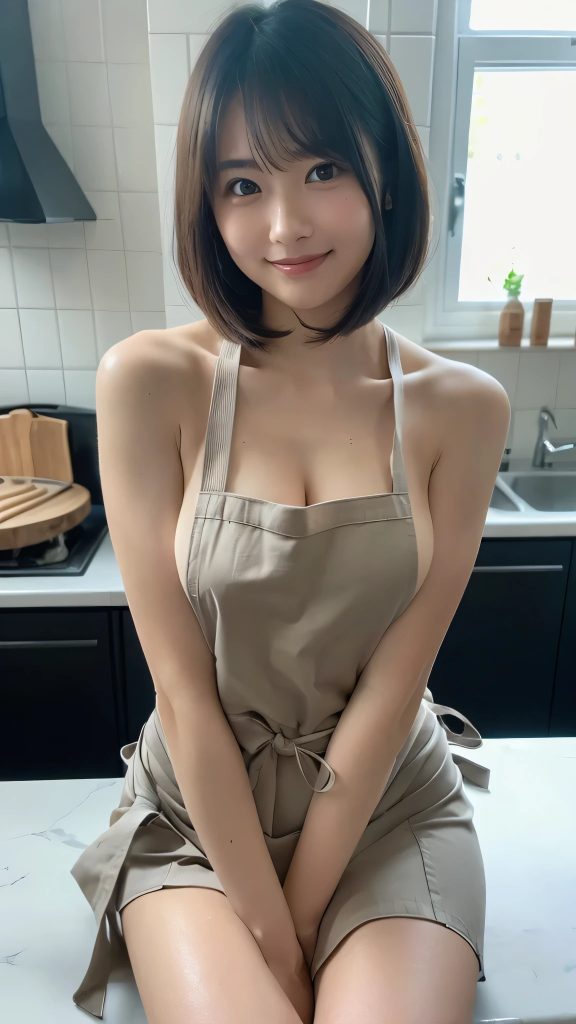 (((Super cute and sexy 12 year old)))((Roll up your skirt)), very cute, smile, blush, Round face, kitchen、beautiful 1 girl、masterpiece, cute teen 1 girl (schoolgirl: 1.2)(very tight white apron :1.2), ( sexy apron:1.3), (curve proportional body:1.3),(very detail slim thight:1.3), (slim thight:1.3) (very detail curve boob:1.2) (long legs:1.4) (ponytail hair:1.2), cinematic lighting, (long shot:1.1), (( she is non underwear) (detail curve butts1.2), best image quality、RAW photo、ultra high resolution, small breasts、dynamic angle、cowboy shot、The most beautiful forms of chaos、beautiful ligh brown hair、short bob、smile、glossy white skin、beautiful eyes with random colors、Very beautiful eyes down to the details、thin lips、detailed beautiful eyes、elongated eyes、pale pink cheeks、long eyelashes、beautiful double eyelids、eye shadow、naked apron, coooking, making lots of spagetti、perfect-composition,  very detail, very real, Perfect pictorial composition,  Creative poster,  Cute,  (woman dressed as a chief),  (woman as chef),  (cooking spagetti),  (messy table),  (There are pieces of spagetti scattered around.),  (Best Quality:1.2), (naked grey apron) (Ultra-detailed), 8K, Ultra hD,   food , in the kitchen, in front ot kitchen set,  perfect breast, long shot、sexy pose、zoom up,  shot from side, camera from floor, slim body, tiny body, cinematic lighting, backlite from window, Light brown hair, 