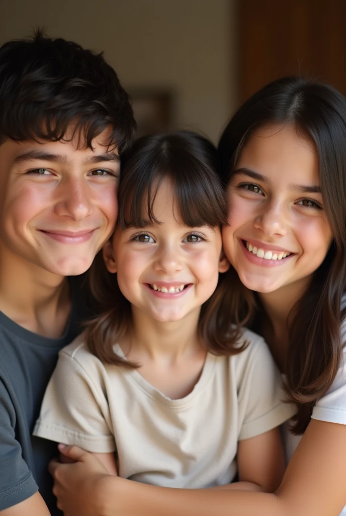 Two boys on the sides and a girl in the middle hugging her chest cheerfully