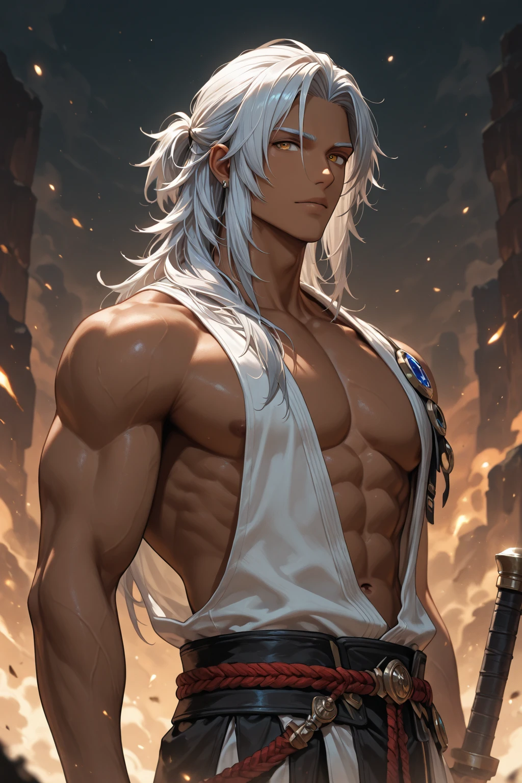 male, older, warrior, strong, brave powerful, muscular, topless, heroic, white hair, like geralt of rivia, anime style, 2d