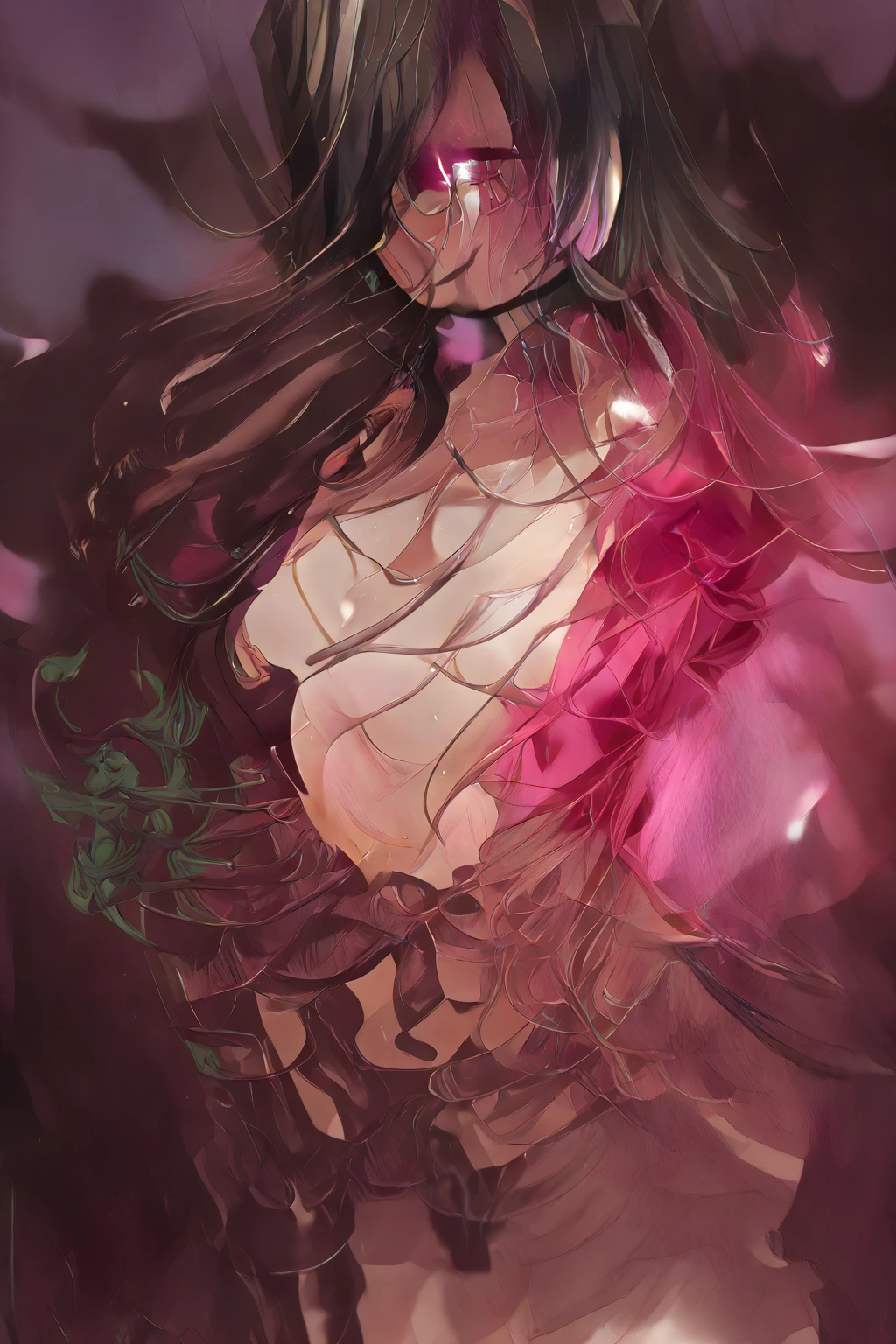 ((Masterpiece)), (Best Quality), Solo, miosha1, hair ornament, ponytail, wolf tail, swimsuit, white shorts, thigh strap, black jacket, leaf print, collar, string bikini, (NSFW:2.0)