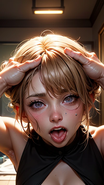 (a detailed portrait RAW photo of a gorgeous beautiful ((German)) , realistic, solo, side view, POV, looking in camera, intense stare, (masterpiece),(photorealistic:1.3), nfsw, ultra-detailed, (high detailed skin:1.2),(best quality:1.0), (ultra highres:1.0), fit, back light, slim, beautiful, Wearing a body fitting fantasy clothes, barbarian armor, revealing clothing, loincloth, fantasy barbarian, long hair, messy hair, 2 strands of hair tendrils, bangs, Accessorized with leather armband, Captured from an above view angle, The scene set in an arena fight. Best quality, 4k, Masterpiece :1.3), pretty woman, 1girl, (breasts, attractive body :1.2), abs :1.1, red brown hair: 1.1, makeup, black eyeshadow, black eyeliner, red blush, ultra-detailed face, detailed lips, mouth closed, red lipstick, detailed eyes, bright green eyes, double eyelid, high leather boots, garter over right thigh, (sweaty body, sweating, wet body :1.2), (wet clothing), (wet hair), legs wide open, sprawled on floor