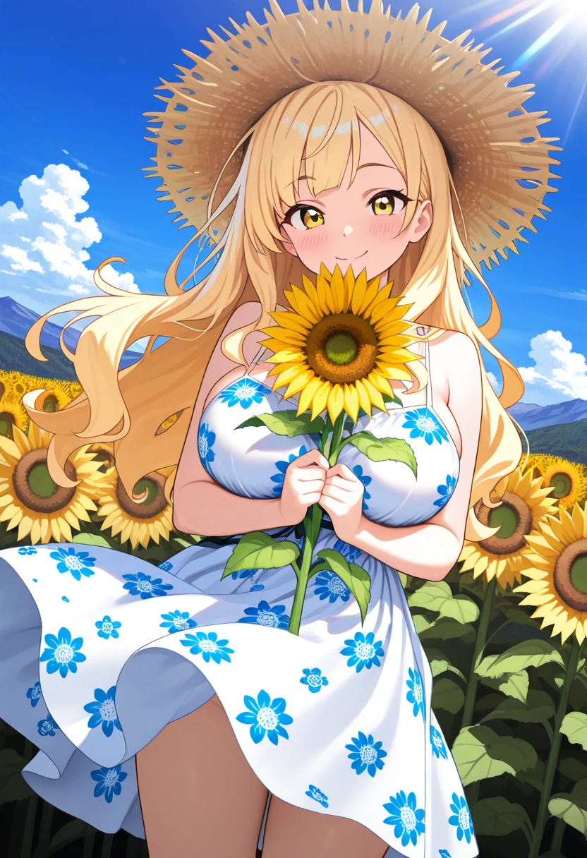 best quality, masterpiece, highres, solo, {tsurumaki_kokoro_bangdream:1.15}, blonde_hair, bangs, long_hair, yellow_eyes, smile, blush, open_mouth, :d, 1girl, flower, hat, straw_hat, sun_hat, sunflower, dress, sleeveless, white_dress, day, hat_flower, outdoors, sky, sleeveless_dress, sundress, cloud, collarbone, looking_at_viewer, breasts, upper_body, frills, blue_sky, cleavage, medium_breasts, sidelocks, teeth