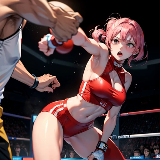 there are two pictures of a woman in a boxing ring, fight pose, in fighter poses, boxing, realistic anime 3 d style, boxing stance, in a boxing ring, boxing match, fighter pose, anime styled 3d, 3 d anime realistic, realistic anime artstyle, anime cgi style, rumble roses, fighting pose, dead or alive 6, anime realism style