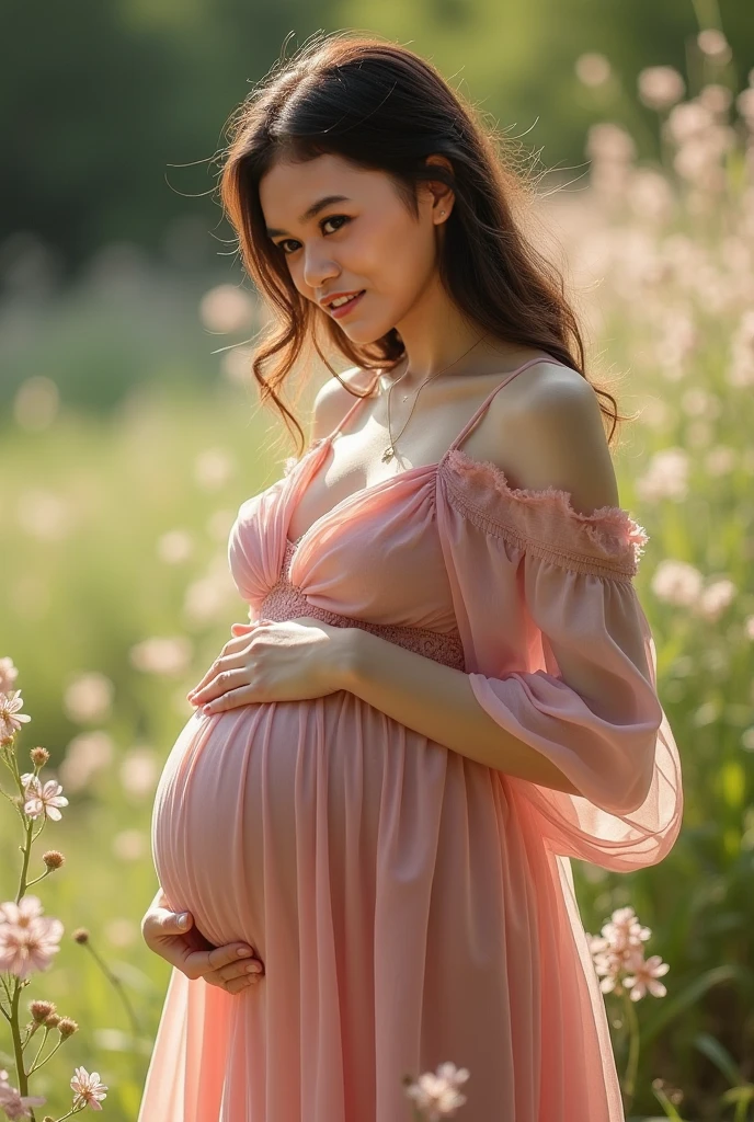 ((Pregnant women,pregnancy,pregnancy Woman,pregnancy,pregnancy Woman,Big Belly,Very big belly)),Please laugh here,Have a look at this,Looking at the camera,Laughter,smile,Laughter,(highest quality、High resolution、masterpiece:1.3)、highest quality, One Girl、Dynamic Angle、Flower Field,Colorful garden,(garden:1.4)prospect、Floral Dress、Light Tracing、(Floating colorful wind:1)(Realistic:1.4)、Official Art、Unity8k wallpaper、Ultra-detailed、Beautiful and beautiful、masterpiece、highest quality、Glowing Skin、A light smile、necklace、Malay Woman、Large Breasts、High leg cut panties、bikini、Salmon pink hair、