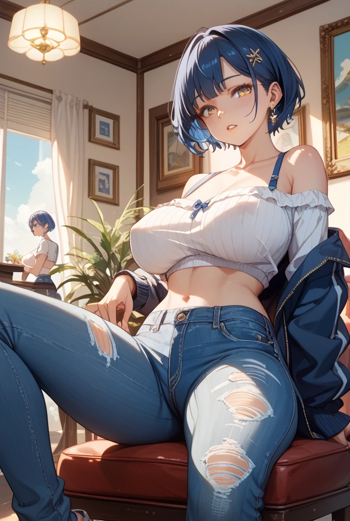 2D Anime Style、Blue eyes、breasts are slightly larger、Cool and beautiful adult woman with short blonde hair、full body Esbian、Winters、I'm wearing shorts, Tops that show your stomach、Wearing a coat
