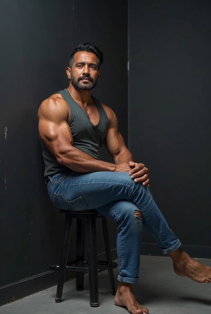 an Indonesian man aged 45 years, athletic body, wearing a red sarong, bearded, thin moustache, flip flops, sit on the chair, 8K UHD picture, Realistic