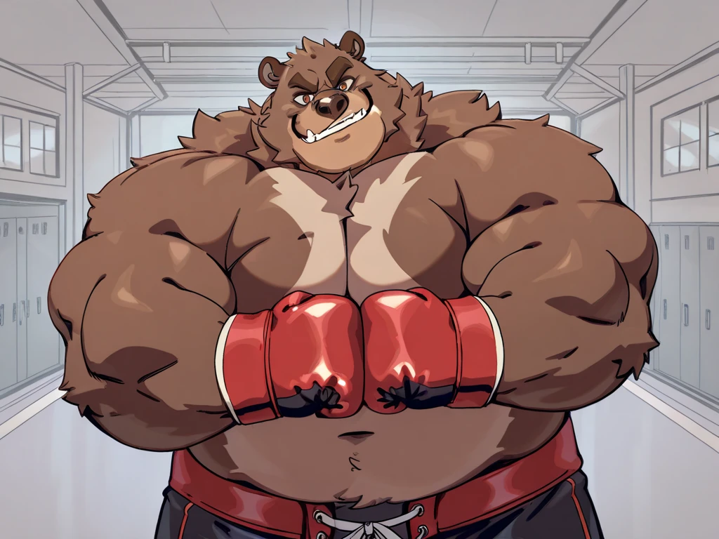 Huge muscular thick Bear bodybuilder shirtless in black gym shorts and wristbands flexing and posing at the mirror looking at his muscles pumped.
