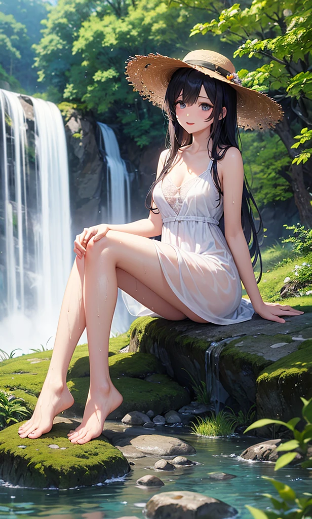 1girl, solo, rural landscape, village, trees, sun, water stream, clouds, fantasy, brown hair, huge breasts, nipples, white dress, ((short dress)), silver high heels, cleavage 1:3, elegant white hat, brown eyes, smile, looking at the viewer, sitting on a stone, golden necklate