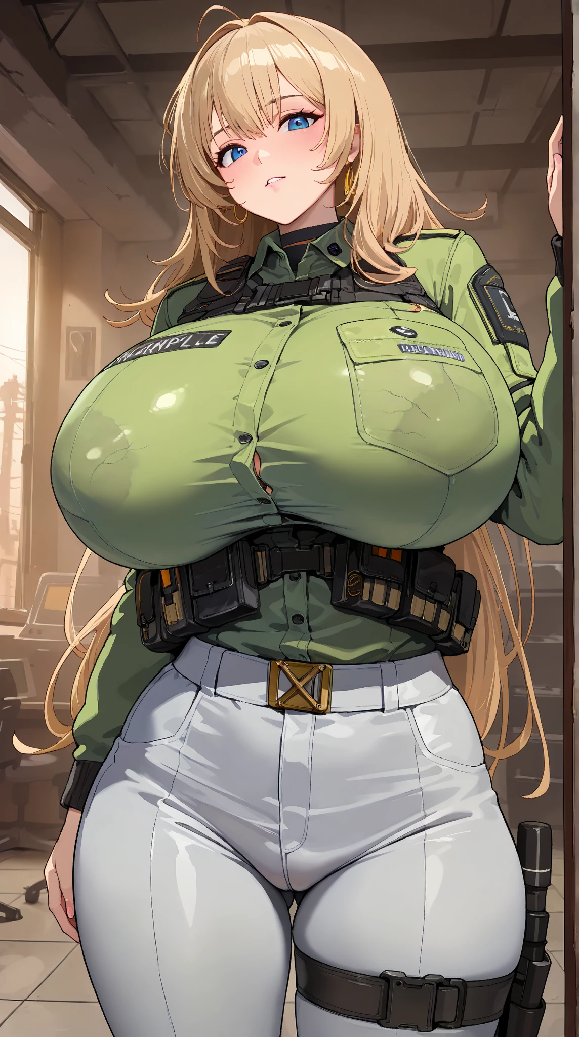 (masterpiece, best quality, highres, detailed, realistic), young teenage American woman, US soldier, (gigantic breasts:1.7), (bursting breasts:1.2), (anxious expression), (skinny), shy pose, embarrassed, anxious, crowded barracks, surrounded by shocked US soldiers, ponytail
