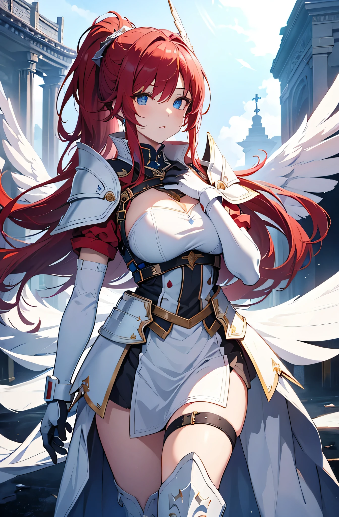 female valkyre prepared for battle, nordic look, viking, an extremally beautiful warrior valkyre, ultra feminine, long hair, red hair, braided hair, shiny golden knight armor, bright full plate armor, long boots, cleavage, medium breasts, big angel wings, wielding sword, brave and bold facial expression, flying high in the sky, wings spread, zoom out, 16k, RAW, ultra wide shot, photorealism, depth of field, hyper realistic. ray tracing