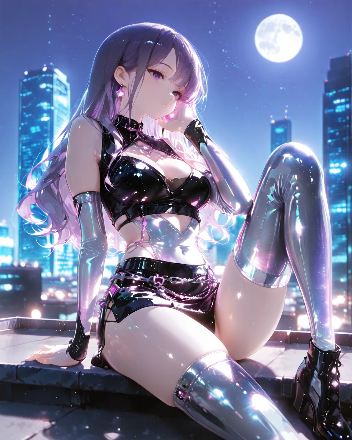 Masterpiece, best quality, extremely detailed artwork, award winning, 16k resolution, illustration.
(hyper-realistic:1.4)
(Night, night time:1.4)
cyberpunklucy, lucy, short hair, bangs, blue eyes, blue hair, multicolored hair, makeup, multicolored eyes
NSFW, NAKED BREASTS, on a bed, on stomach, ass up,
Indoors, bedroom, city, moon, night, sky, clouds