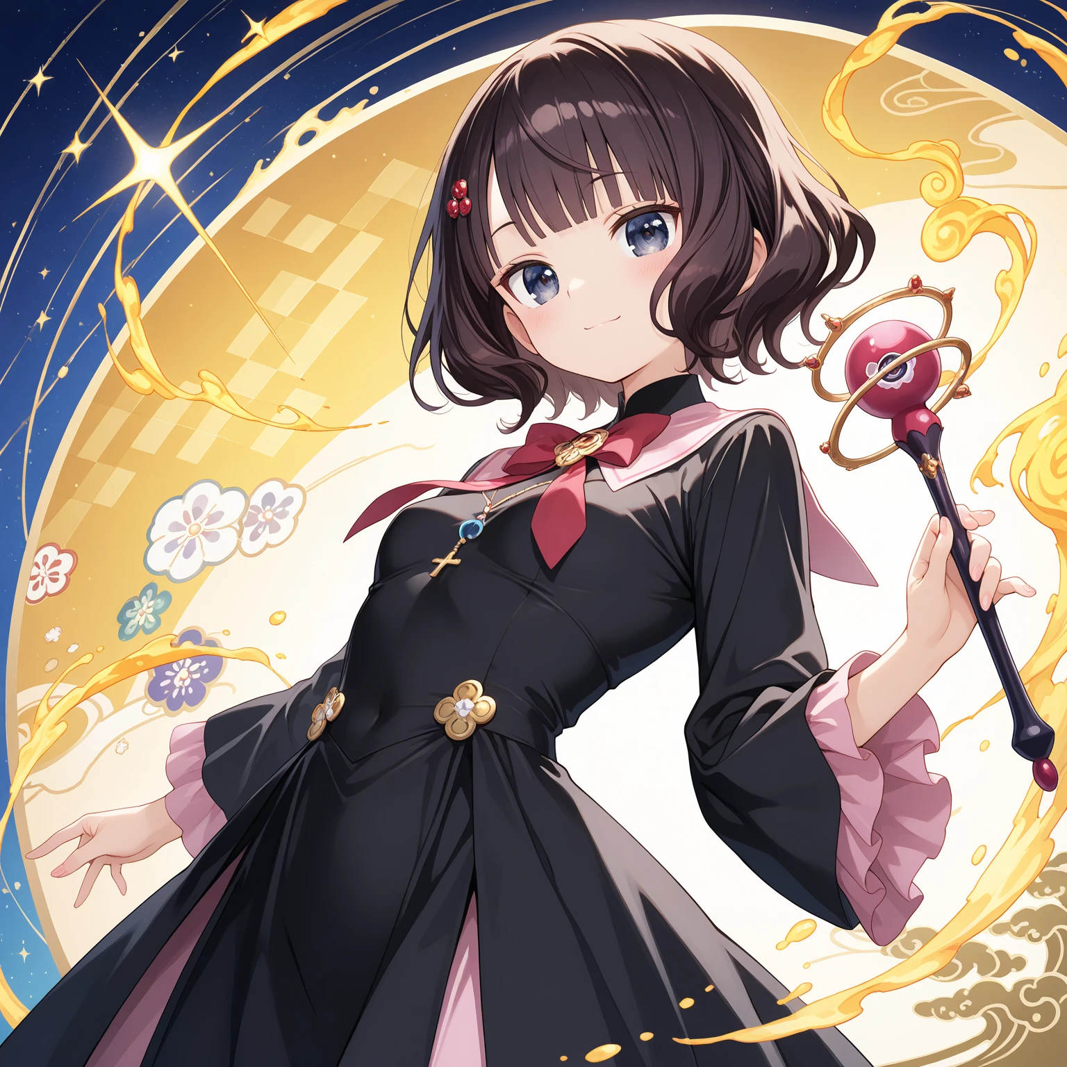 absurdres, high detail, uhd, yin yang orb,
standing, holding knife, holding dagger, dual wielding, reverse grip, smug face,
jigita, red hair, short hair, hairband, hair flower, hair bow, china dress, blue dress, floral print, sleeveless, frilled skirt, layered skirt, blue skirt, wrist cuffs, black pantyhose
<lora:gomaotsu-jigita(Digitalis)v2-t2:0.7>