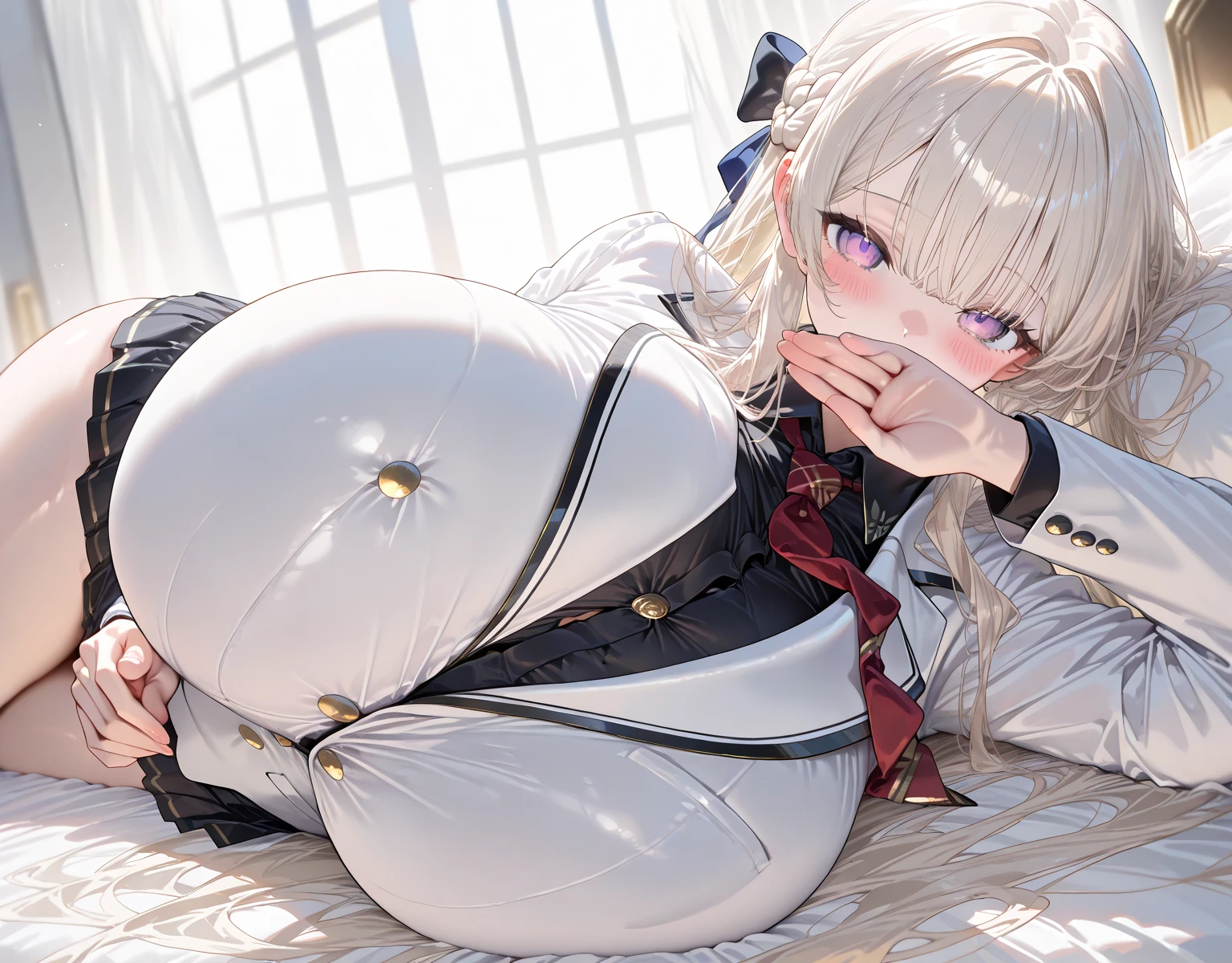 masterpiece, high quality, high detail, 4k, rtx, high resolution,1girl, blue_streaked_hair,hair_over_one_eye, blue_eyes,very long hair,braid,white hair_ornament,white skin,black nail_polish, solo,long sleeves,((white bandeau:1.3)), strapless, microskirt,thighhighs,thighs,: o,cute face,(pov:1.2),(facing viewer:1.2),(Well-shaped and firm huge breasts, developed huge breasts:1.2),(underboob:1.2),(bursting breasts:1.2),happy,stomach, navel,aged_down,(on side:1.2),sitting,arm support, yokozuwari,on bed