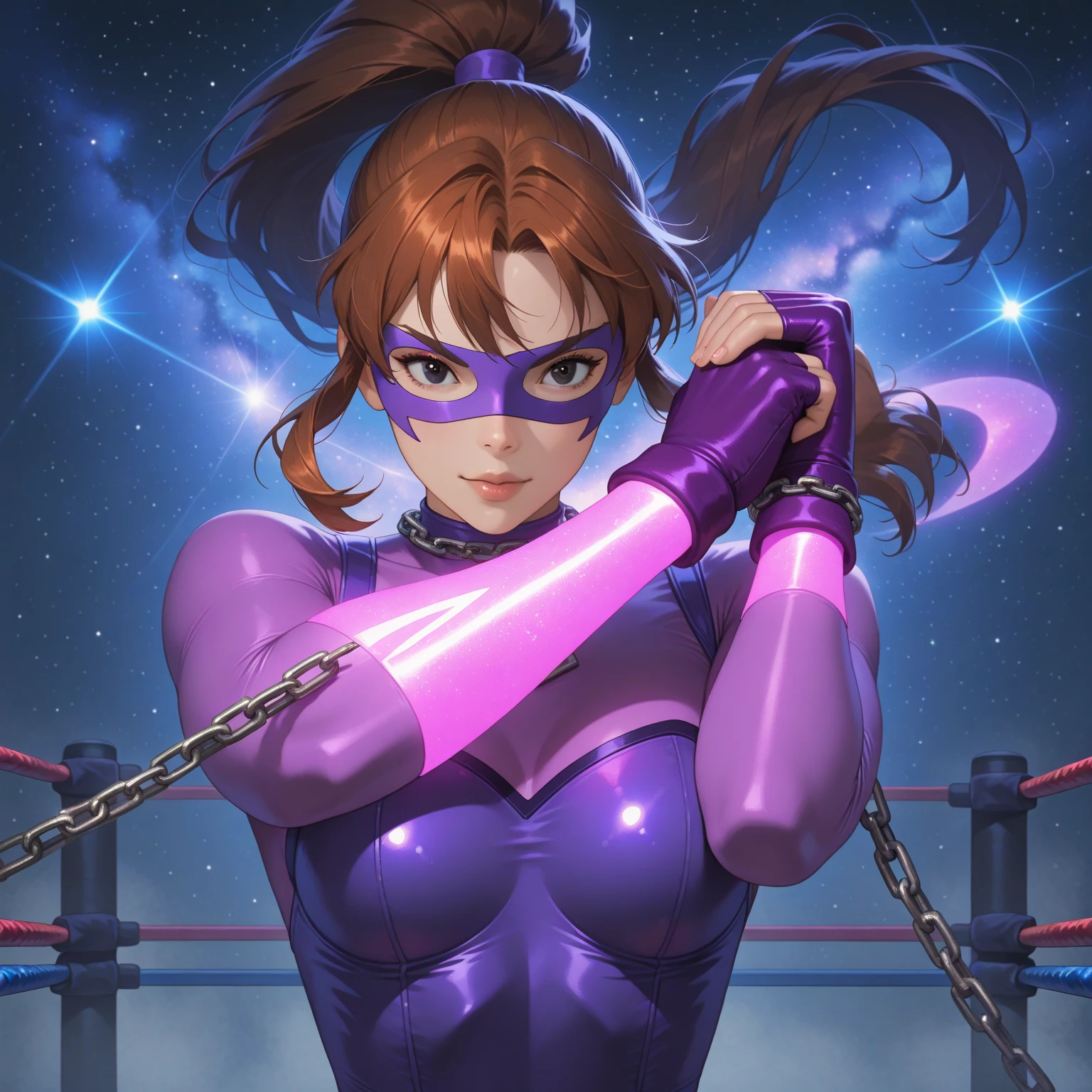 Red brown hair, long hair, sexy lips, purple leotard, red lip, golden boxing gloves, brown skin