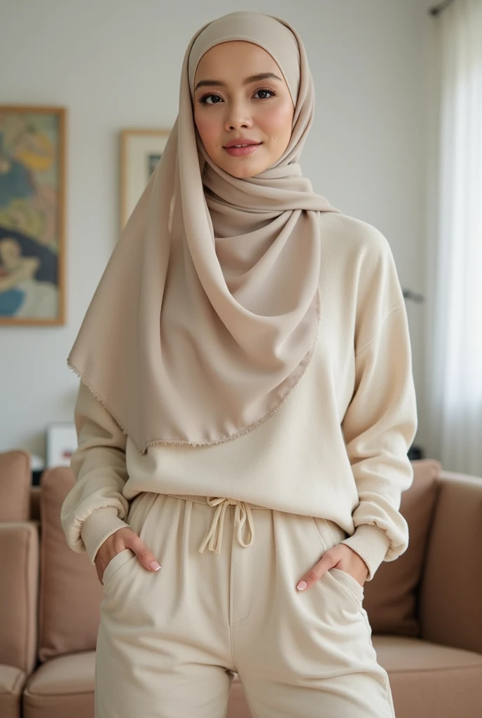 Top Quality, Masterpiece, High Resolution, 8k, Instagram photo, reailistic photo. Lora: realistic asian. a young woman white skinned, 20 years old, height 160 cm, wearing a white hijab. She is sitting on a wooden bench with her legs crossed and her hands resting on the bench. The woman is wearing a brown long-sleeved top and a white skirt. She has a neutral expression on her face and is looking directly at the camera. The background is a wooden wall with vertical slats. The overall aesthetic of the image is modern and minimalistic.