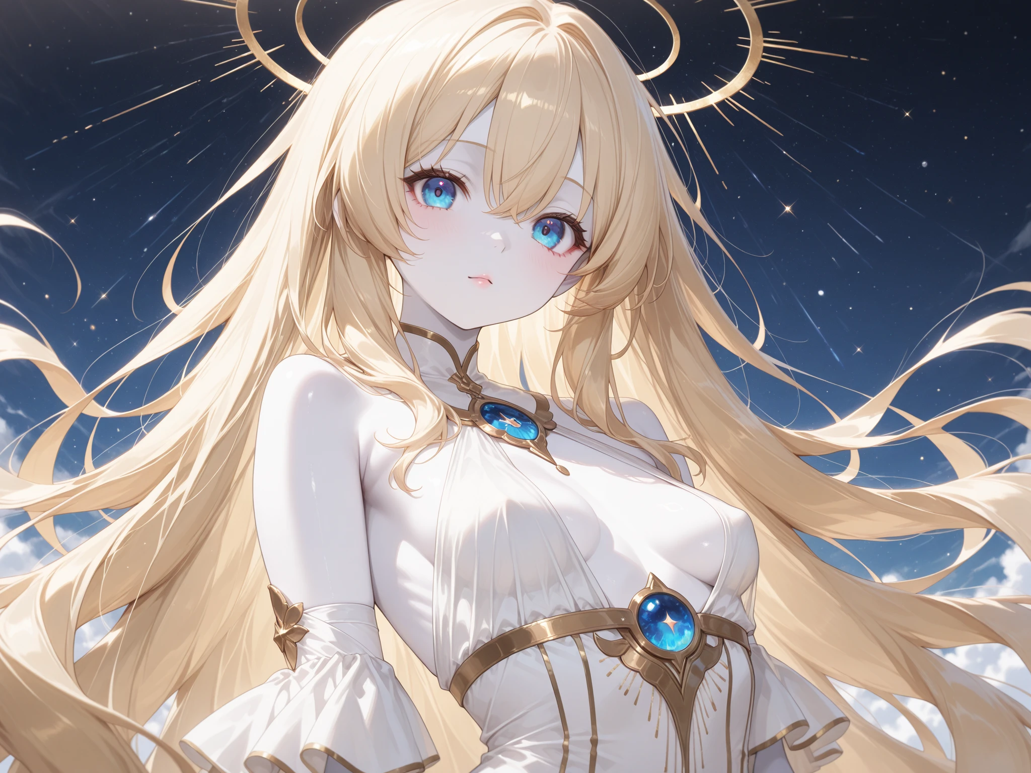 ((top-quality)), ((masuter piece)), (ultra-detailliert:1.4),(32k images),(ultra high detailed),Best Anime,sharpness,The best wallpapers,Phenomenal depiction,the golden ratio, Wind manipulation:1.5,Manipulation of light,(Perfect anatomy without destruction),(Beautiful eyes with detailed and detailed details,Lustrous eyes),(Lustrous hair:1.1,),(Beautiful face with dense and detailed details),(Beautiful skin with dense and detailed details),(deadpan:1.2),Slim body,Slim belly,((small tits:1.5)), thin-waist,a navel,goddes,(Beautiful sparkling white clothes with dense and detailed,Beautiful decoration with dense and detailed details,gemstone),fullmoon:1.1, Backgrounds with depth:1.3,hair adornments,Starry sky