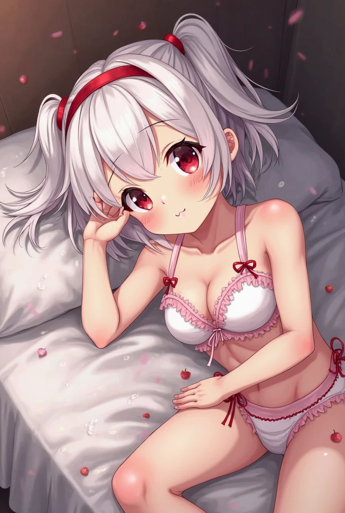 (masterpiece),(Highest image quality),High resolution,(Dainty and cute),(very detailed), 1girl, solo,An illustration,fantasy,(short hair),white hair color,perm,pajamas,pink eyes,small breasts,smile,background through,on the bed