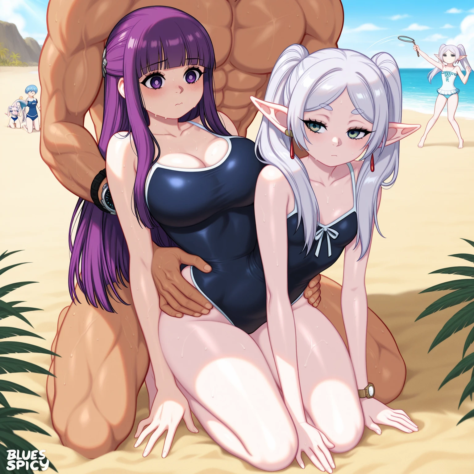 Long Hair, chest, View your viewers, blush, smile, Open your mouth, bangs, blue eyes, 大きなchest, Knee socks, gloves, ribbon, belly button, chestの谷間, Transparent swimsuit, whole body, Gray Hair, 巨大なchest, (巨大なchest: 1.8), Green Hair, horn, Pointed Ears, Blunt bangs, Raise your arms, (1People Girls), (Side tie bikini bottom), (Transparent micro bikini), ((White tiny micro bikini)), wave hands