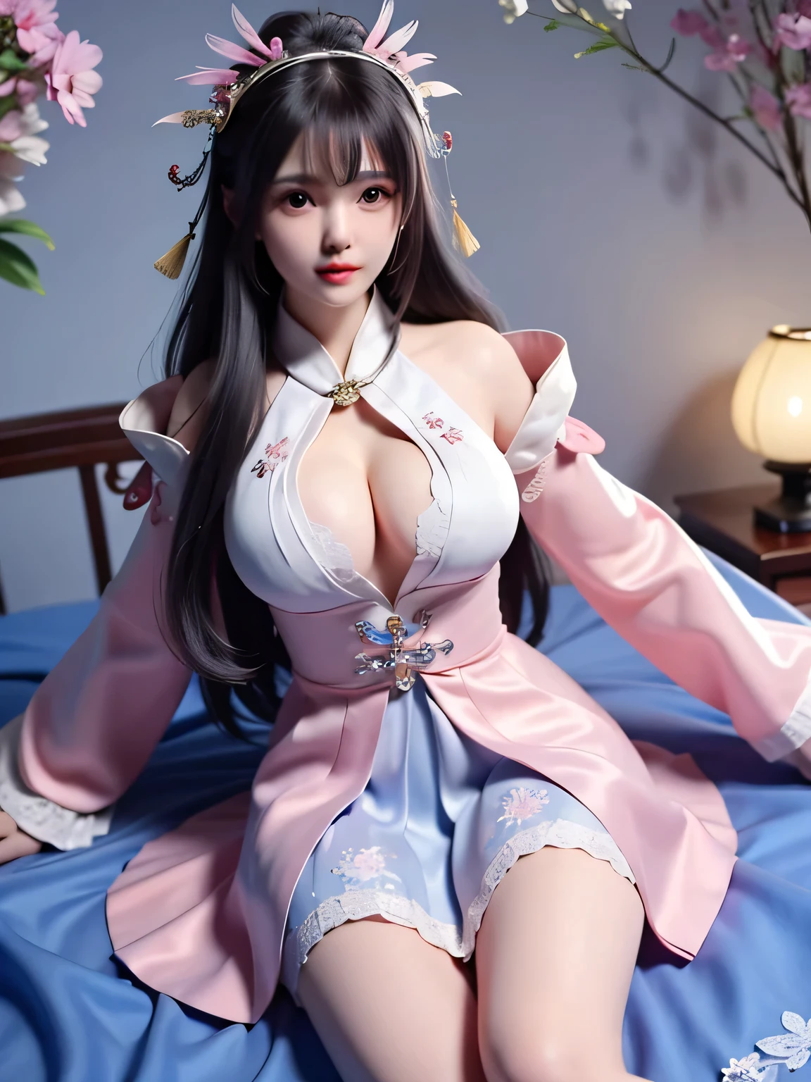 Chinese Hanfu beauty, short hair, Sexy red and white bikini underwear, Long-legged girl, Put on your boots, ,full body xianxia, Huge breasts，lewd expression, Strong sexual desire，High, Sexual thirst，Sexual need, fantasy服装, Transparent underwear, Lace underwear, nearly nude,披上长长pink cloak, pink cloak, Lace cape，穿着fantasy服装, Real 8000g，Impeccable，masterpiece，Professional artwork，masterpiece，Light，bloom，Perfect face，Pretty Face，fantasy，Wonderful and magical，not real，Intricate details，Beautiful pattern, sexual hunger, Strong sexual desire, 