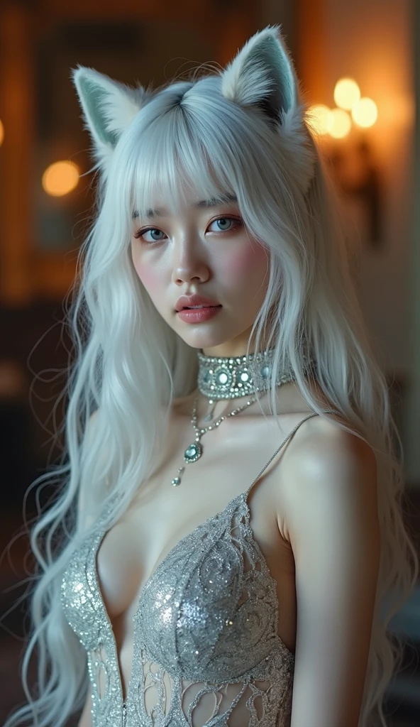 1 girl, whole body:1.2, perfect anatomy, very detailed顔と目,, (blue eyes), gray hair:1.7,smile:0.3, 20-year-old, muscular:1.5, (earrings,good:1.5, white mini skirt), blurred background, ( 8K students, photorealism:1.5, masterpiece, heightens, at night, midnight, dark, rtx, realistic照明, photo taken in ancient japan, very detailed流れる髪, realistic hair, realistic shadow, disorganized, very detailed, 4K, (green eyes), (beautiful girl: 1.4), (masterpiece),ultra detail, (highest quality), (ultra high resolution), (masterpiece), realistic:1.3, smile, balanced pupil, symmetical pupil and iris,Chromatic_aberration:0.8, dynamic_color_range, lens_Twist:0.7, Holding lanterns,delicate hands, Japanese