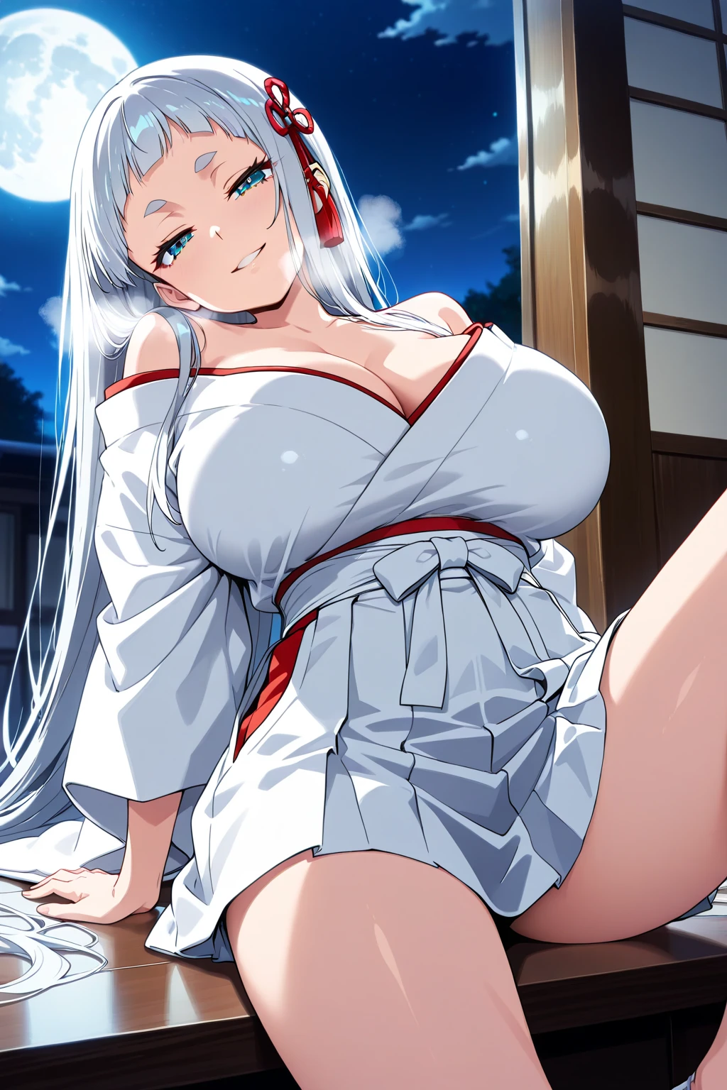 Masterpiece, 1girl,solo,huge breasts, ghost costume , (hitodama) ,night, tombstone, graveyard,,, long sleeves, very long sleeves, , ghost, pale skin,, off shoulder, cleavage, no bra, (((extremely long white hair))), lying by tombstone, bare legs, shredded tattered clothes, curvy wide hips, massive breasts, chubby thighs, (((beautiful bright pink anime eyes))), japanese temple, from above