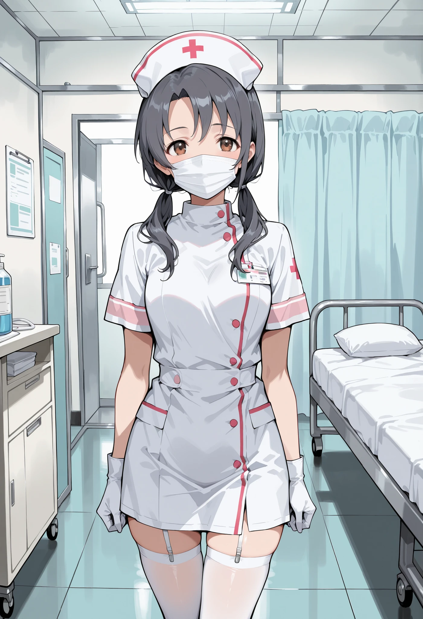 masterpiece, best quality,1girl, solo, Bambietta Basterbine, nurse, white uniform, white dress, white stockings, white shoes, nurse's cap, protective equipment, gloves, smiling, caring, compassionate, interact, friendly, warm, hospital, medical clinic, nurse station, bedside, treatment room, medical equipment, supplies, hospital beds, monitors, medicines, patients, colleagues, traditional, light blue, protective, background, setting, medical, clinic, bedside, treatment, equipment, supplies, hospital bed, monitor, medication, surgical mask, sexy pose, collar around neck, dog leash around neck