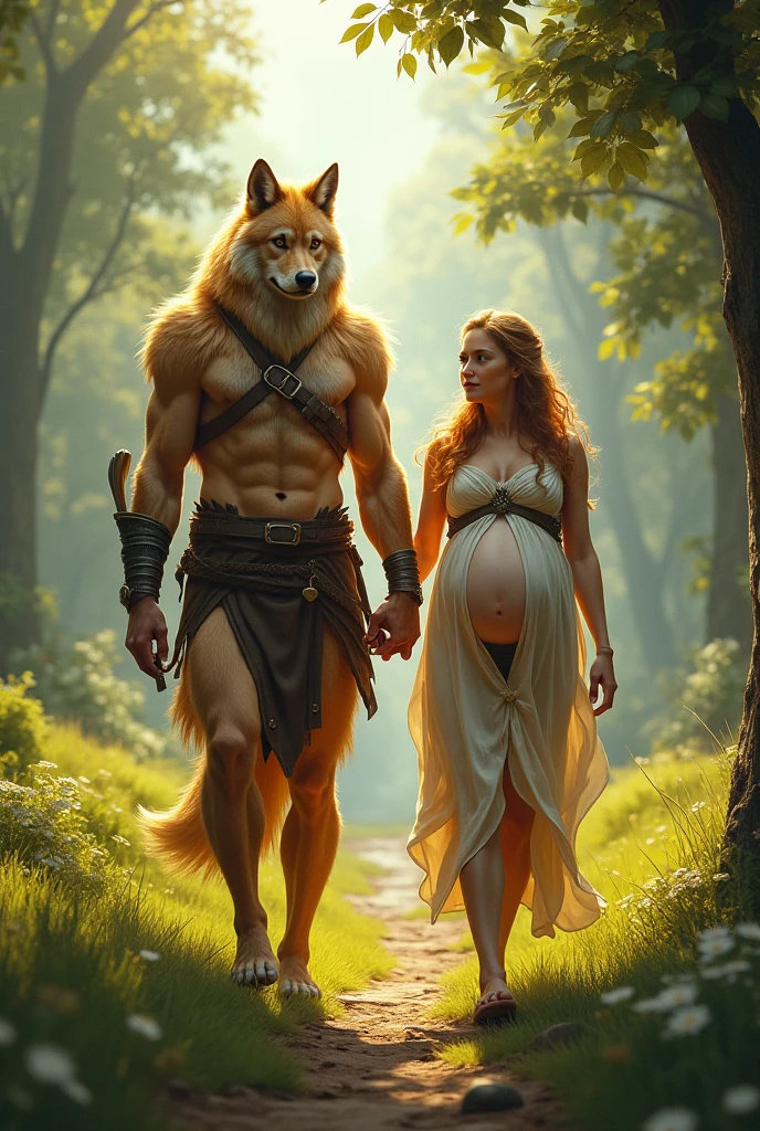 Couple pregnant woman with long hair strawberry blonde amber eyes wearing a beautiful white dress and a tanned man with short wavy black hair bright green eyes defined and tall body protective and extremely handsome with two children a with clothes in the middle of the couple and a baby with a little dress on the mother's lap ,in a dark forest in the moonlight with wolves