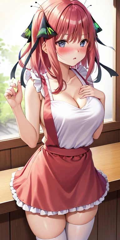 1girl, solo, nakano nino, pink hair, butterfly hair ornament, (naked:1.3), (white apron), large breasts, cleavage, thighs, cafe background, (blushing:1.3)