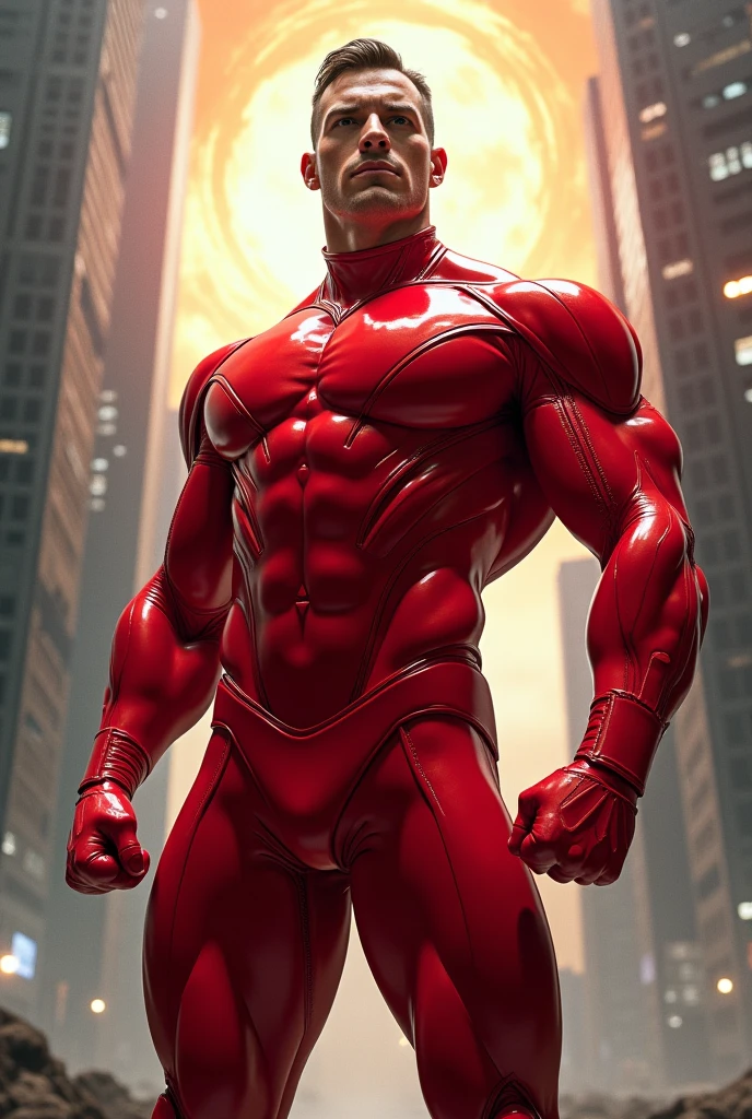 A High, muscular man 2 meters High opened his mouth and shouted.，giant，role conception（Resident Evil - Chris Redfield，chris redfield）Wearing a shiny burgundy wetsuit，High leather texture，regular symmetrical texture pattern，Standing alone in the ruins of the city in the open air, The bright sunshine shines on you，Sad expression，A hero with deep and charming pupils，heroic male pose，tall burly，muscular！Sexy and attractive leg muscles，High, burly, Heqiang， Wearing a shiny burgundy wetsuit， Super gain and cool， high resolution committee， Big feet wearing dark black boots，Charming strong man，The bright sunshine shines on you，Reflective and shiny