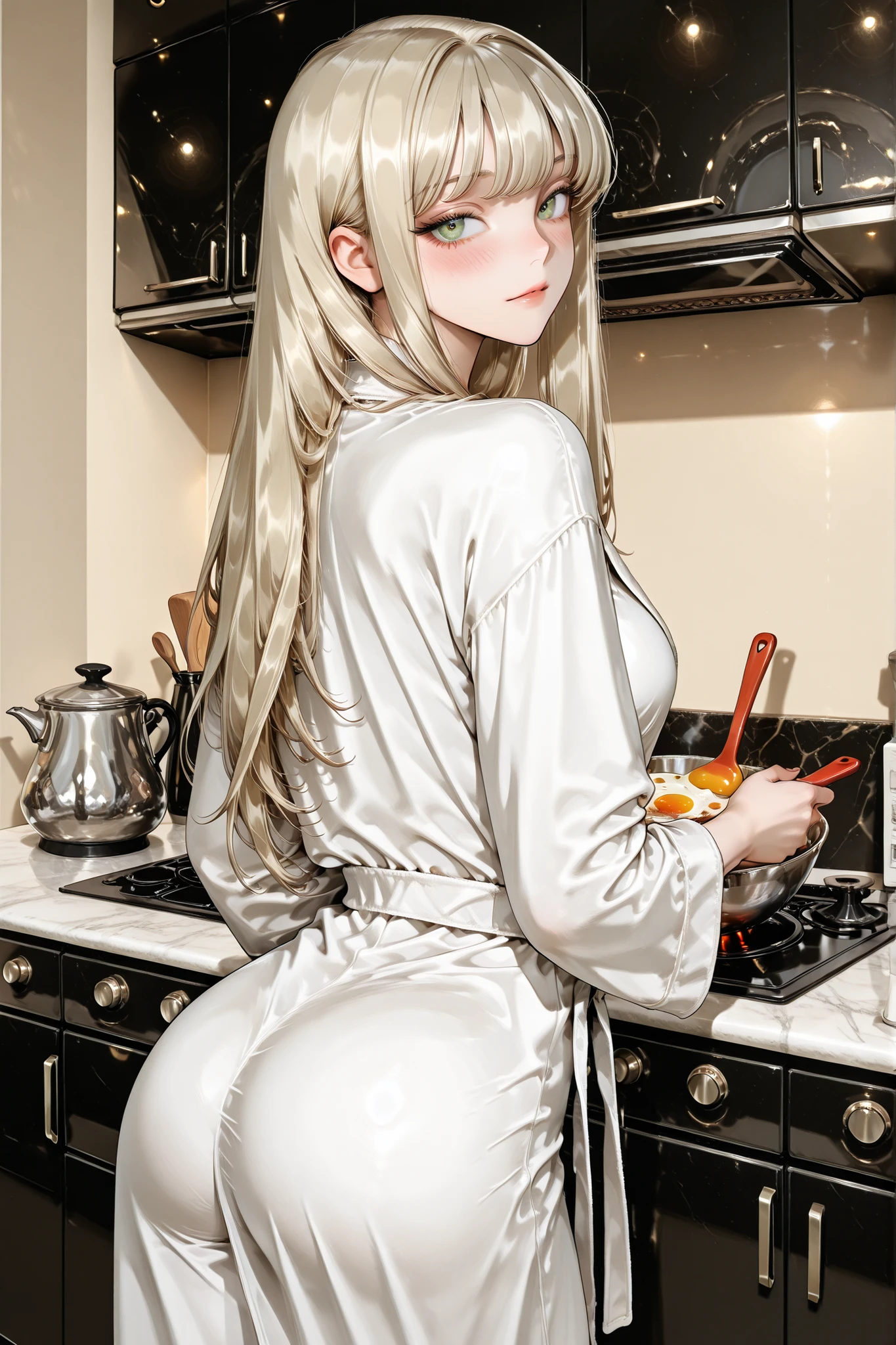 Contemporary art, solo, one girl (light blonde hair), green eyes, Lover, clear skin, A girl , (13 years old),
(White bathrobe)
(Making breakfast in the kitchen of a luxury apartment)
Blushing,
Butt