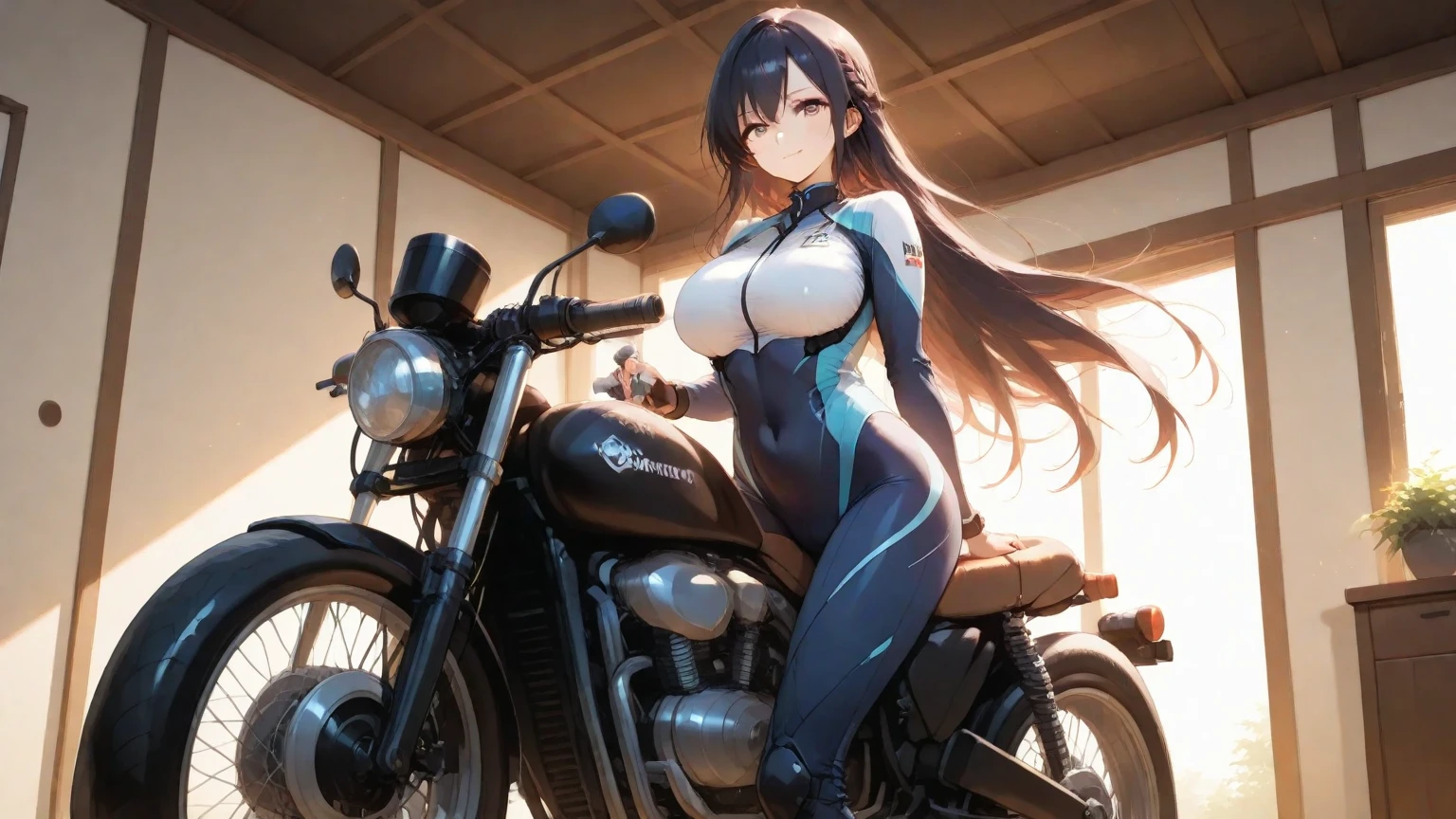 (Masterpiece, masterpiece, extremely detailed and precise).
A woman wearing a tight full-body latex suit. A white latex suit that tightens your body. BDSM. Plump body. Her huge breasts and huge ass are emphasized.
Protruding nipples. Crotch crack. Iron shackles on wrists and ankles. Long silver hair, bright red lips, and an obscene smile.
(obscene pose with legs spread).
A lot of machinery lined up in the background. nsfw