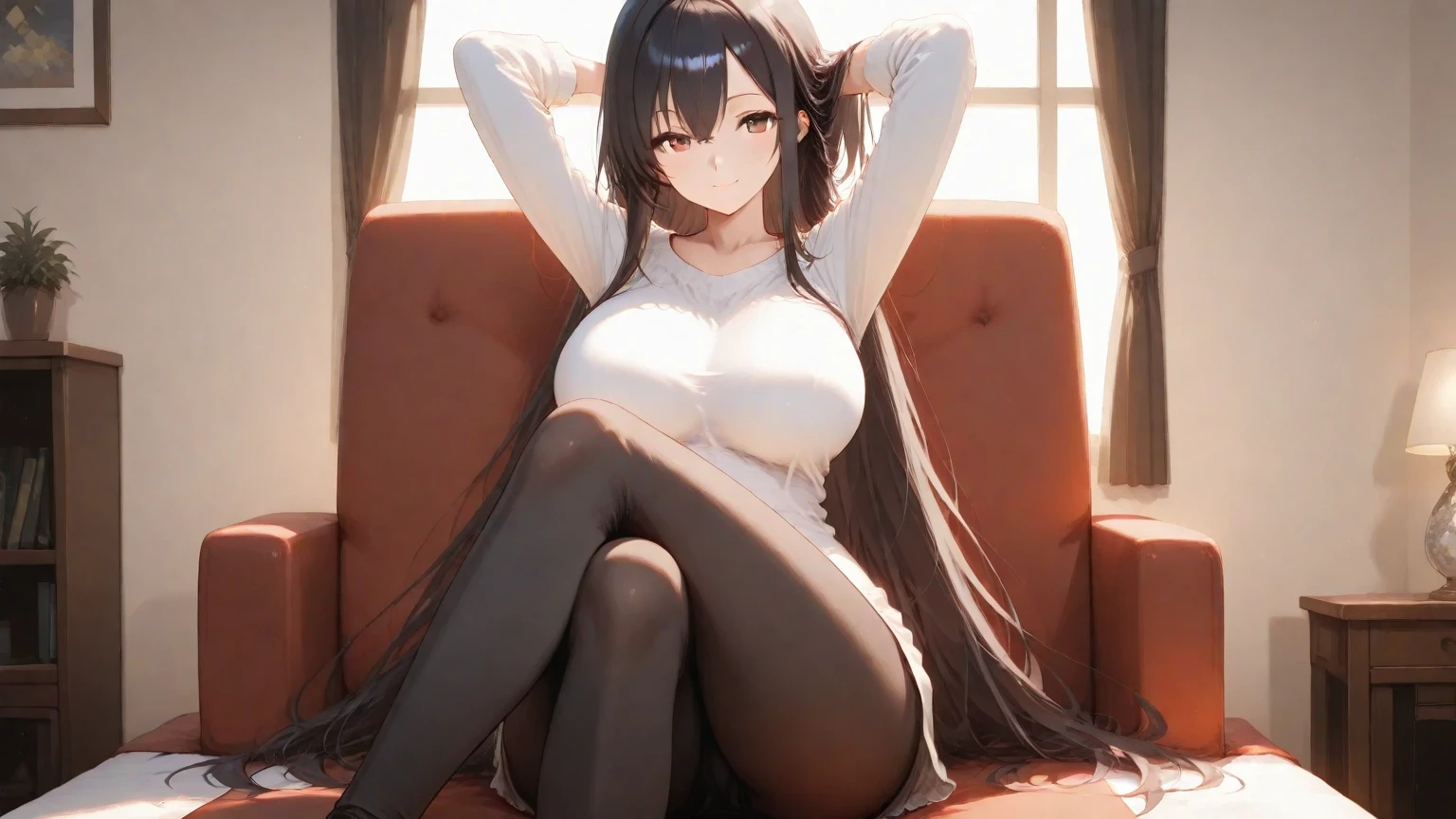 Woman 1、woman with very long black hair、Spectacular views、Night Scene、The view from a high floor of a tower apartment、Full moon night sky、swirling starry sky、8K、Best Quality、The whole body is in the photo、Like the night view of Tokyo、The woman is wearing a miniskirt and her crotch is visible.、She is wearing white panties with beige floral embroidery.、Wearing beige pantyhose、The cleavage is visible、Women have big breasts、Large areola、The color of the areola is pink beige、Knees up、White slip dress、Beige floral embroidered slip dress