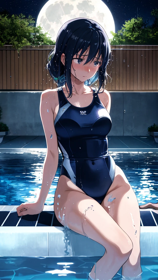 ​masterpiece, top-quality, Detailed details, Detailed landscapes, beatiful lights, Beautiful Shadows,girl with,18year old,((open one's legs)),(Stand on one knee),(scarface),detailed skin textures,((short-hair)),A dark-haired、Red bright eyes、((School swim wear)),in poolside,(school swimming pool),sitting on,blue-sky、llight rays、High contrast,((Oblique view from below)). Face full of scars、Skin shiny with sweat、 injured scared girl、 crying wet bursting out eyes, real tears streaming down face, ultra-detailed eyes,bandaid on face,covered with mud,expression of despair,Illumination that emphasizes shiny sweat{{{Spread }}},(crotch rope walking:1.0)