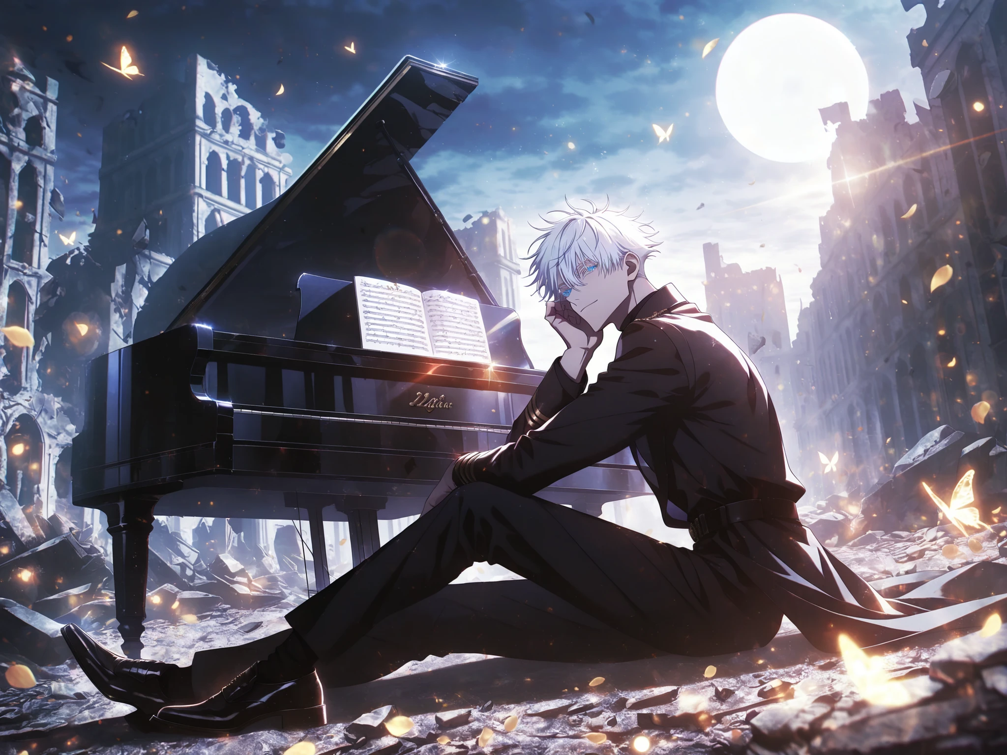 masterpiece, best quality, amazing quality, absurdres, 8k HDR, newest, colorful, limited palette, pastel colors, chromatic aberation, 1man, adult, male focus, gojou satoru, jujutsu kaisen, white hair, short hair, ((hair between eyes)), colored eyelashes, white eyelashes, blue eyes, intricate eye iris, detailed eyes, muscular male, sexy man, handsome man, handsome face, aristocrat, long coat, luxurious military uniform, delicate style,fantasy_male_style, stylish male character, ornate_male_fashion, fantasy male outfit, male noblewear, high fantasy outfit, layered clothing, elegant fashion, ornate patterns, intricate design, decorative embroidery, gemstone inlays, rich color palette, sword, solo,charisma expression, looking away, sitting on ground, head rest back, elegant pose, dynamic pose, Destroyed buildings, ruins, crumbling buildings, rubble, dirt, grand piano, moonlight, night,cynical atmosphere, butterfly, petals, side view, side angle, dynmic angle,
cinematic lighting, cinematic shadows, blacklighting, vibrant lighting effects,blurry_background, lens_flare, glowing_light, glowing_effect, sparkle_effect, light_particles, glitter_effect, bokeh, light_bokeh, light_reflection,