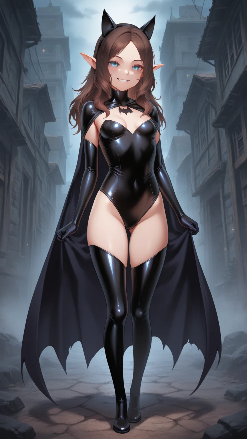 black Widow, full body view, pretty long hair, latex black corset leotard harness, thigh high platform boots, long black latex gloves, extremely thin waist, big fit ass hips, big fit ass , Black lipstick and makeup, blackstockings, Black drag socks, latex cape