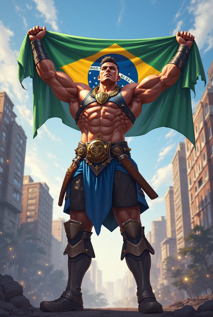 A humanoid lion superhero, with a very confident and leadership personality, using a shield with the colors of the Brazilian flag and written PWW in large letters in the middle of the shield. He is stepping on a zombie head and behind him is a horde of zombies.
