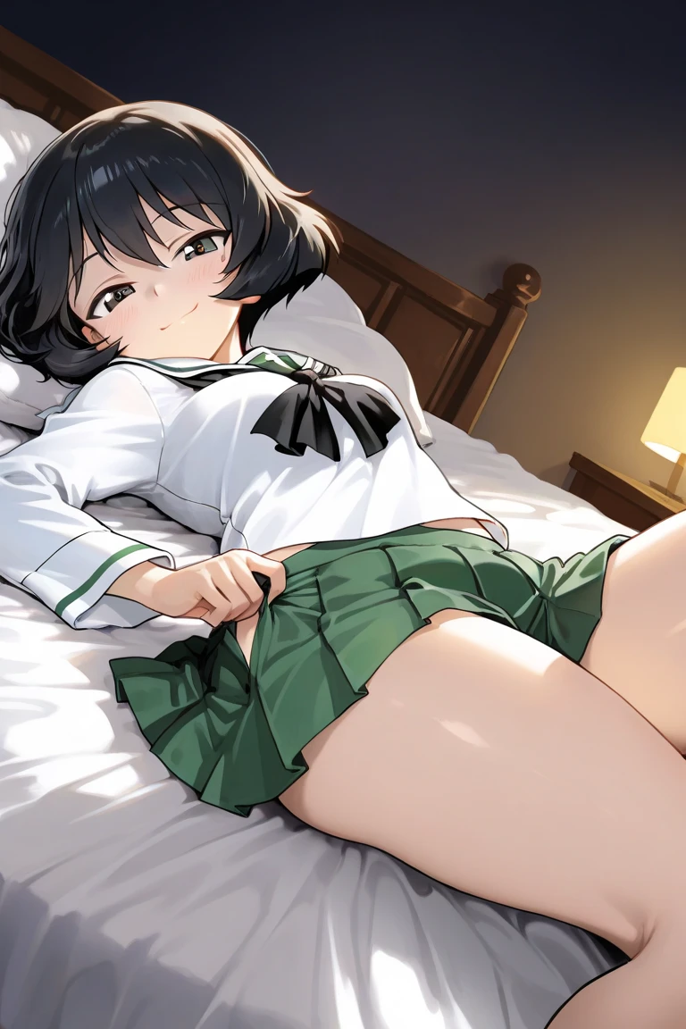 (1 woman),  (Micro thong), (((under boob))),  ((Crop Top shirt)), ((spread legs, one knee up)), (Sailor school uniform only for the upper body), (white short shirt), summer clothes, ((Red Ribbon Tie)), (((sheer white long thigh-high socks))), (((long gloves))), masterpiece, Best Quality, High quality, High Definition, Finely detailed, Detailed texture, realistic representation of face, Realistic, Colorful, Ray tracing, ahegao, smile, (glowing eyes),  (Detailed beautiful delicate face, Detailed beautiful eyes, A perfectly proportioned face, High detailed skin, best ratio four finger and one thumb, (((Glowing white shiny skin))), (oiled skin), (large breasts), ((Smooth texture, Realistic texture, Photorealistic)), ((Green eyes)), (((brunette hair))),  (Beautiful face, Cute face, Detailed face), on a bed